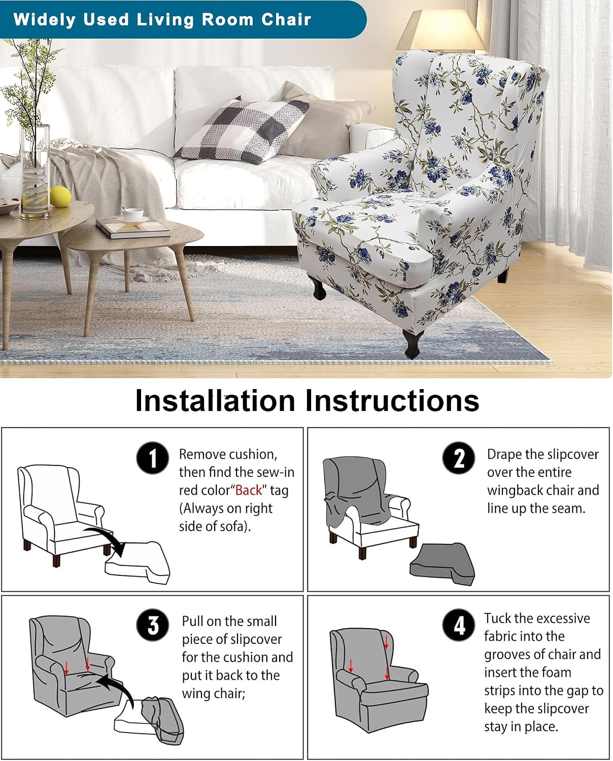 CRFATOP Waterproof Wing Chair Slipcovers 2 Piece Stretch Wingback Chair Cover Spandex Fabric Wingback Armchair Covers with Elastic Bottom for Living Room Bedroom Wingback Chair,B04