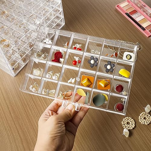 Miniatura 7 de Greentainer Joyero acrílico con rejilla de 120, organizador de almacenamiento de aretes transparente con tapa transparente para 5 cajones, bandeja