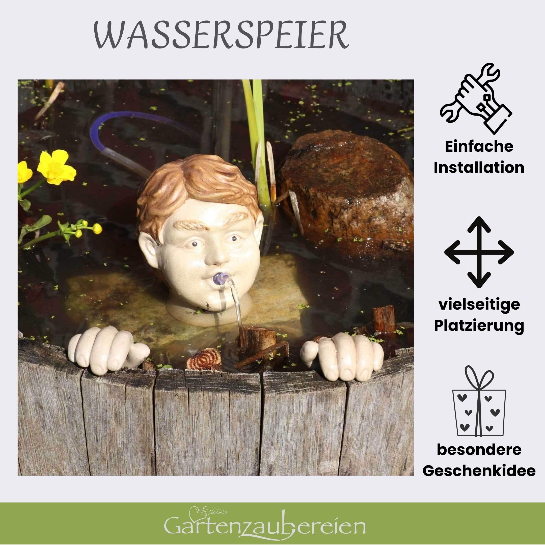 Storm's Gartenzaubereien Wasserspeier Kopf mit Händen Solar mit Akku Pumpe - Keramik Teichfigur fürMiniteich - Wasserspiel Garten Deko Gesicht - Set mit 6,5W Solarmodul