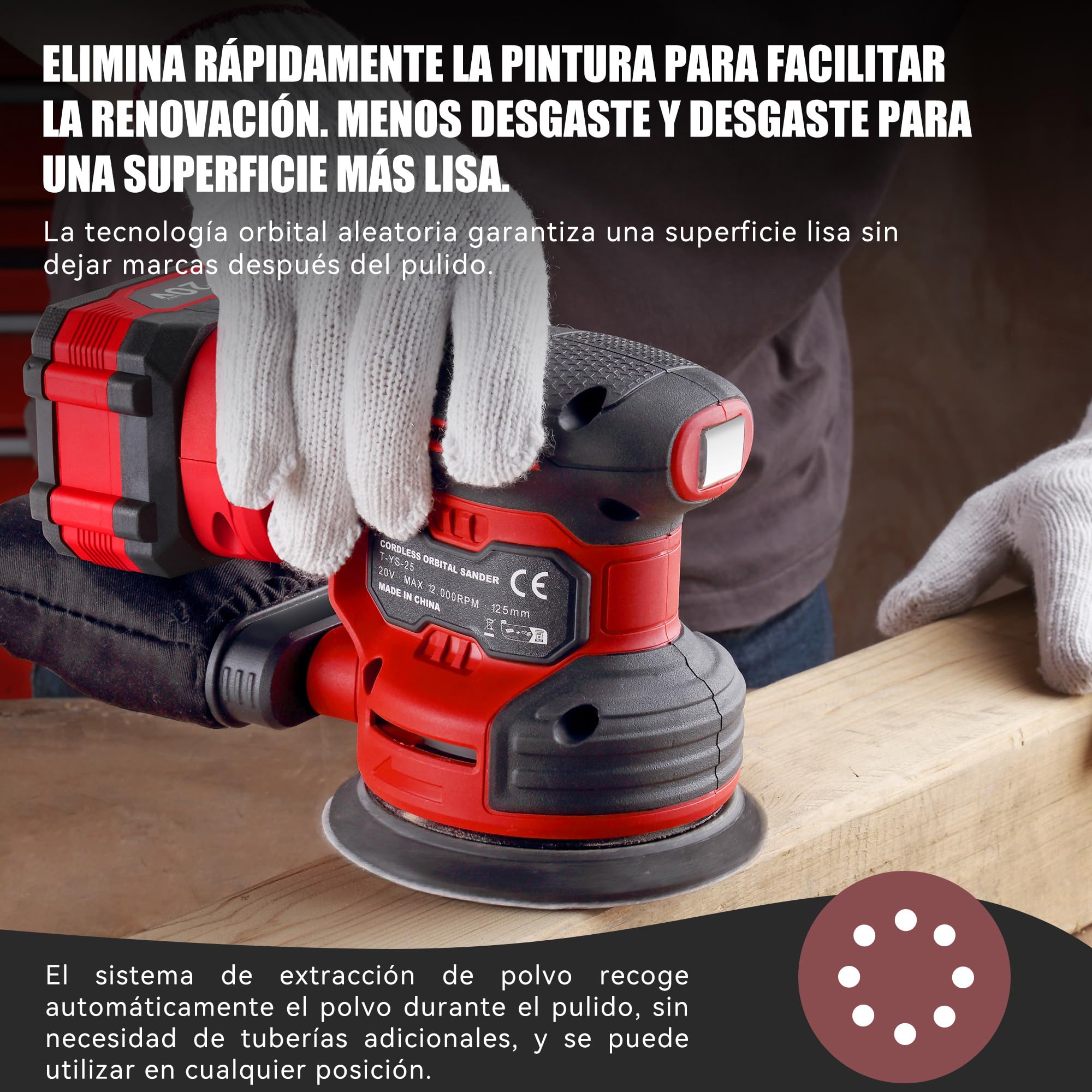 TEENO Lijadora Excéntrica a Batería 4A,Lijadora Orbital 20V,6000-12000 rpm | Diámetro: 125 mm,6 Velocidades,25 Papeles de Vidrio