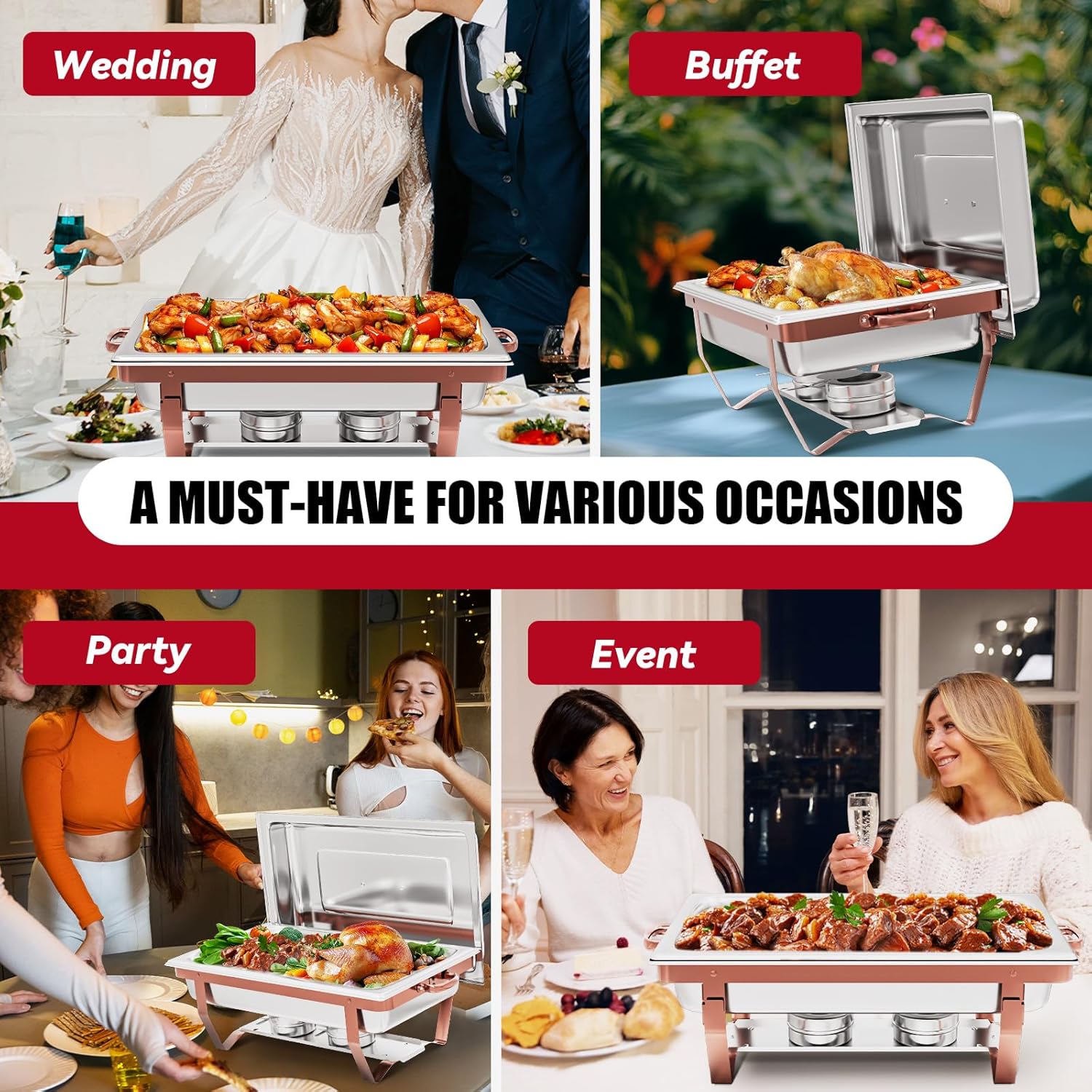 IMACONE Chafing Dish Buffet Sets of 4, 8QT Stainless Steel Rectangular Chafers and Buffet Warmer Sets for Catering, with Food & Water Pan, Lid, Rose Gold Foldable Frame, Fuel Holder for Event Party