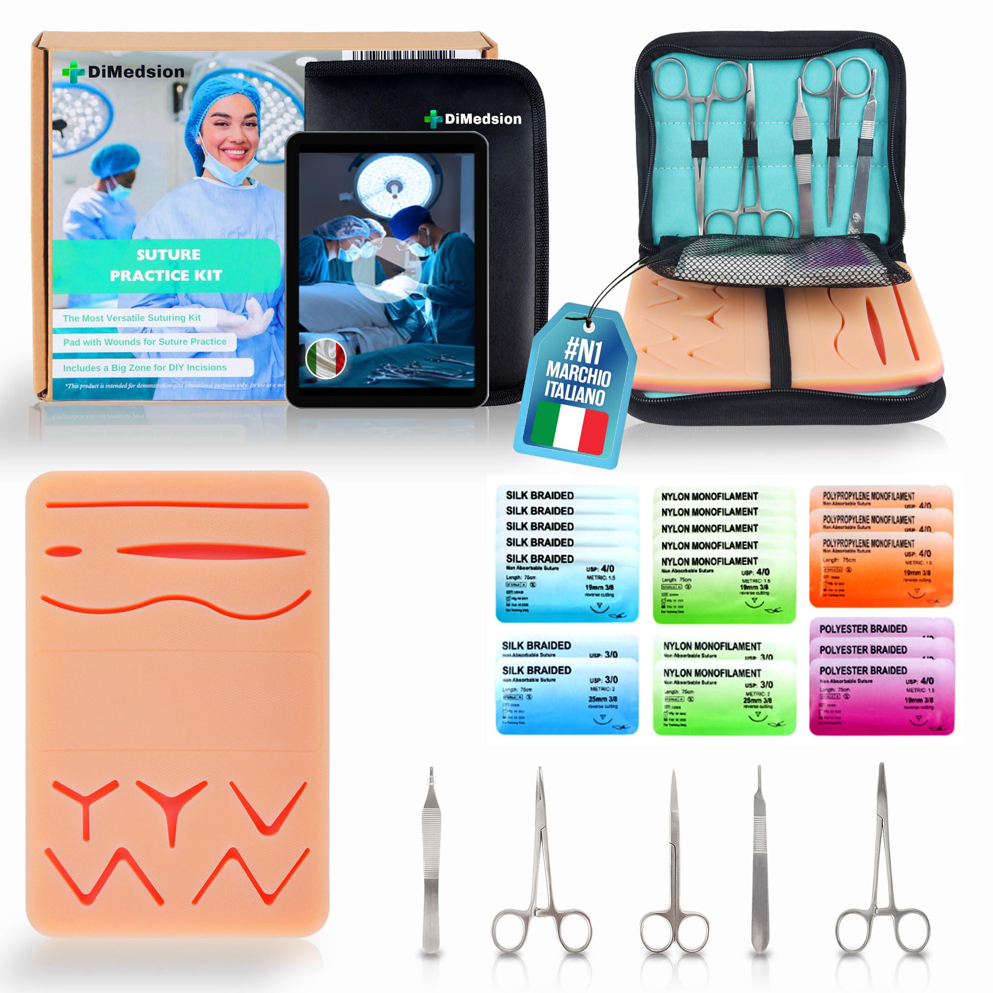 Kit Sutura con Cuscinetto Ultra Realistico – Kit Sutura Studenti Medicina con Formazione E-Learning, Kit Allenamento Completo, Idea Regalo Studente Medicina