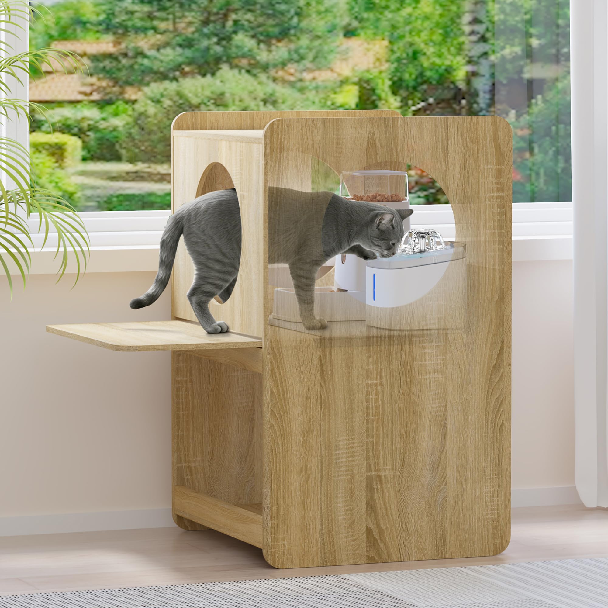 Photo 1 of *******stock photo reference only****GDLF Cat Feeding Station for Water Fountain & Food, Elevated Cat Feeding Table with Spill-Proof Mat, Window Perch and Storage