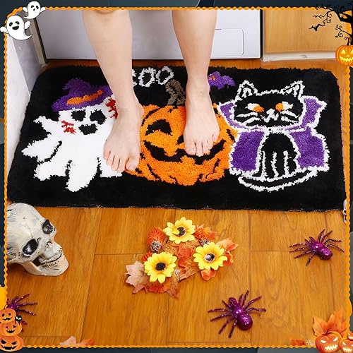 Vista 5 de Breling Juego de 3 piezas de alfombras de baño de Halloween, calabaza, antideslizante, lavable, alfombra de fantasmas, negra y púrpura, cubierta