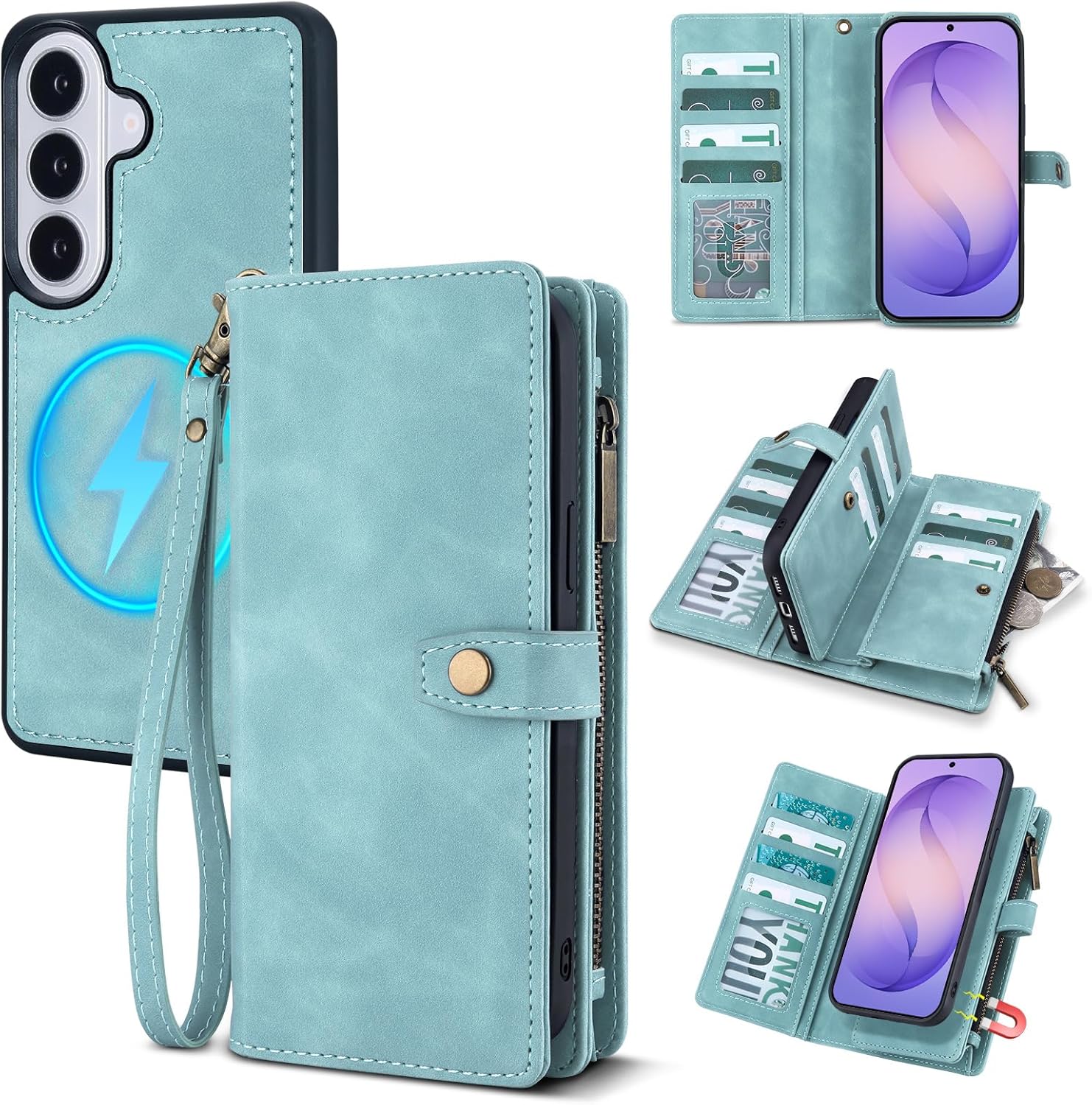 TwoHead for Samsung Galaxy S26 Wallet Case with Card Holder, Detachable Magnetic Phone Case for S26,PU Leather All-Round Protective Phone Case Wallet with Wrist Strap(6.3 in,Blue)
