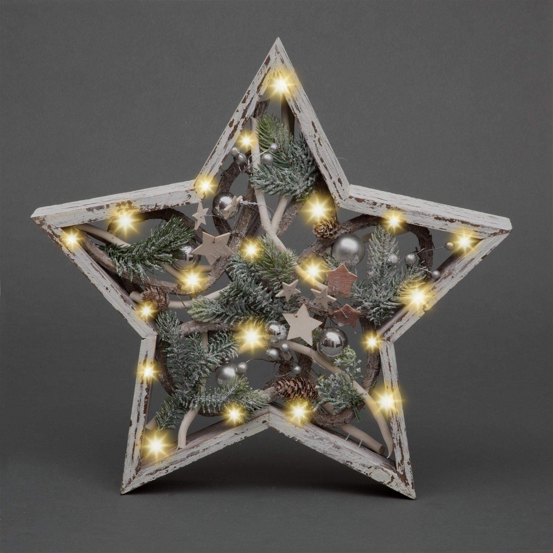 Shatchi Wooden Star 42Cm Christmas Pre-Lit Wooden Warm White Led Star Frame Tabletop Centrepiece Decoration With Pinecones And Baubles Holiday Home Décor