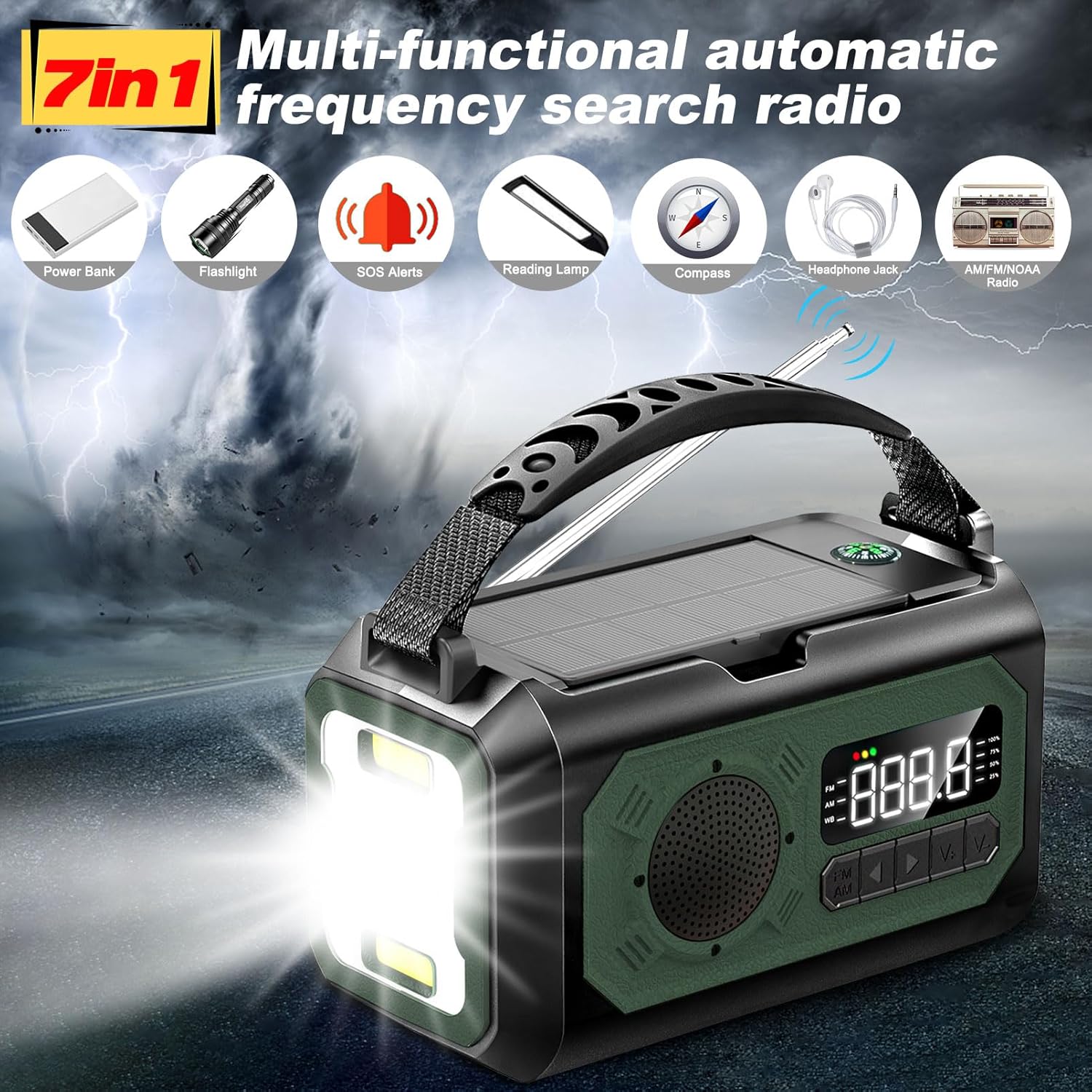 44400mWh/12000mAh Emergency Radio, Hand Crank Portable Solar Radio AM/FM/NOAA Weather Radio with 2 Solar Panels,3 Charging Methods,SOS Alarm,Flashlight,Phone Charger,Compass,Reading Lamp