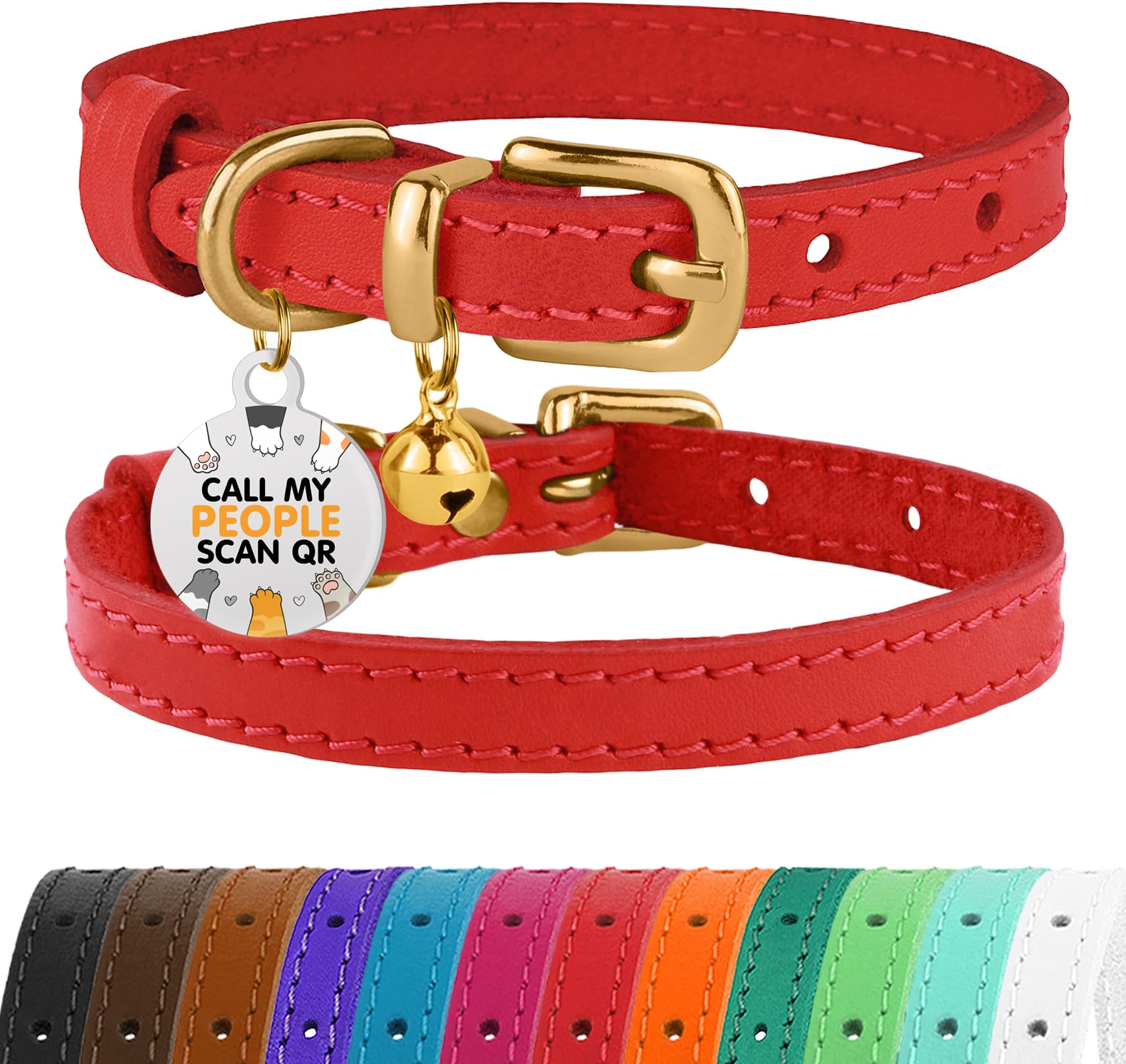 BRONZEDOG Leather Cat Collar with Bell Non Breakaway Kitten QR Tag for Girl Boy (9" - 12" Cats/Mini Dogs, Red & Gold)