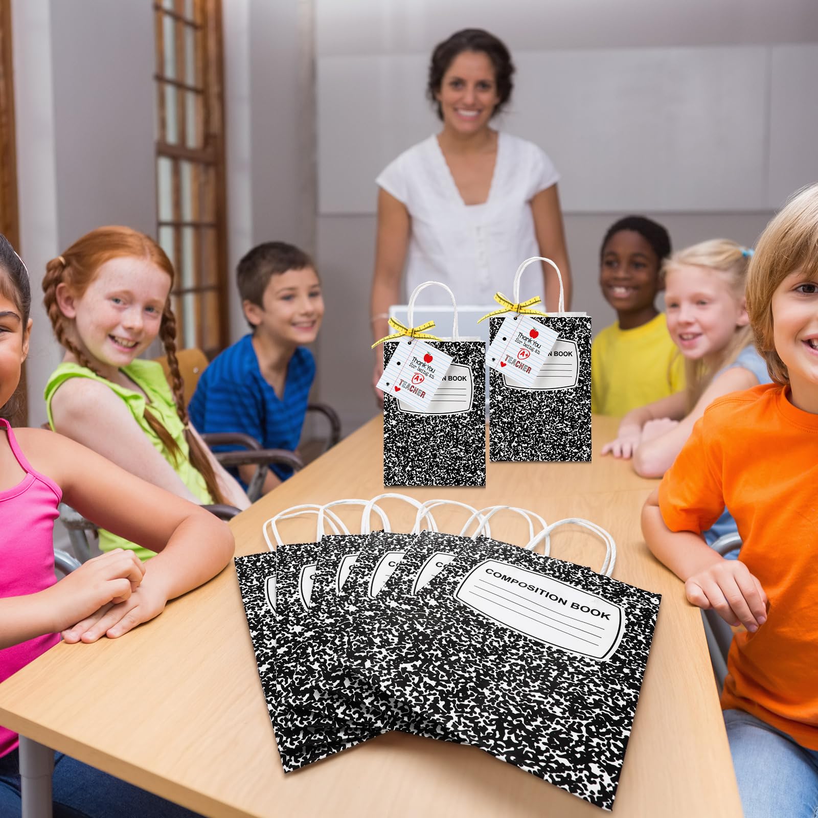 Gilprop 12 Pcs Teacher Appreciation Gift Bags with Paper Tag Thank You Teacher Gift Bags with Handle End of Year Gifts with Tape Measure Ribbon for Graduation Party Favor (Composition Book,Main black)
