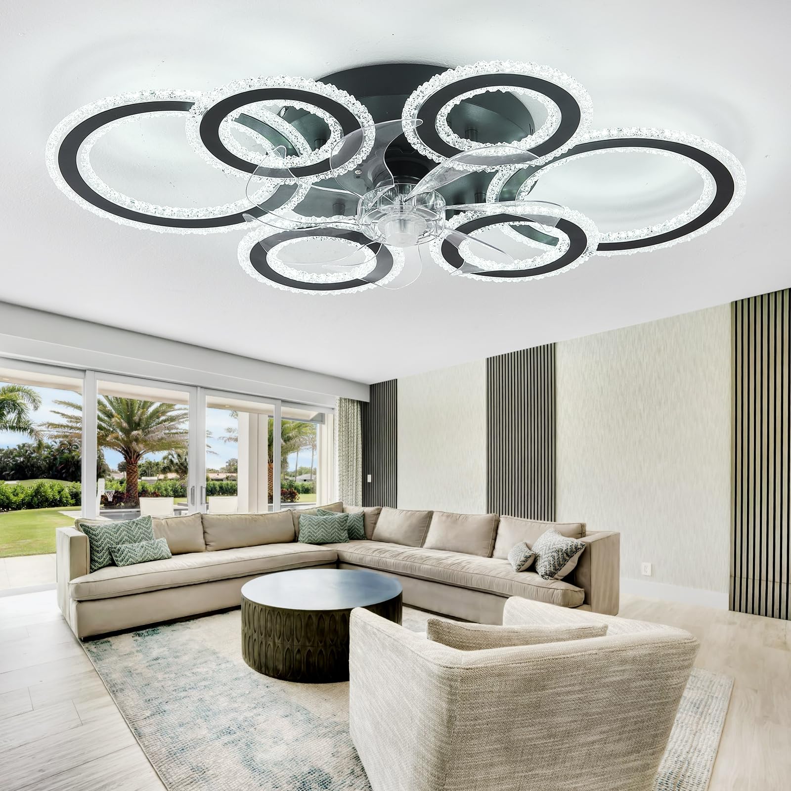 Crystal Ceiling Fans with Lights Round Reversible Living Room Fan Light Ceiling with Remote Control and APP 6 Speed Timer Light Fan Ceiling Dimmable Memory Ceiling Light Fan for Bedroom-Black