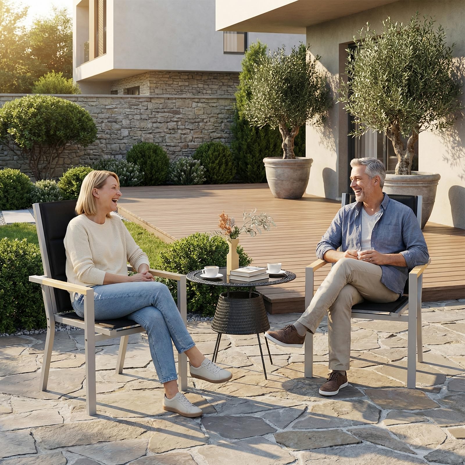 JUMMICO Chaise de Jardin Extérieur Cadre Aluminium avec Accoudoirs Style Bois – Assise Texlin, Empilable et Rangeable sous Table, 160kg de Charge – Parfaite pour Jardin, Cour, Balcon