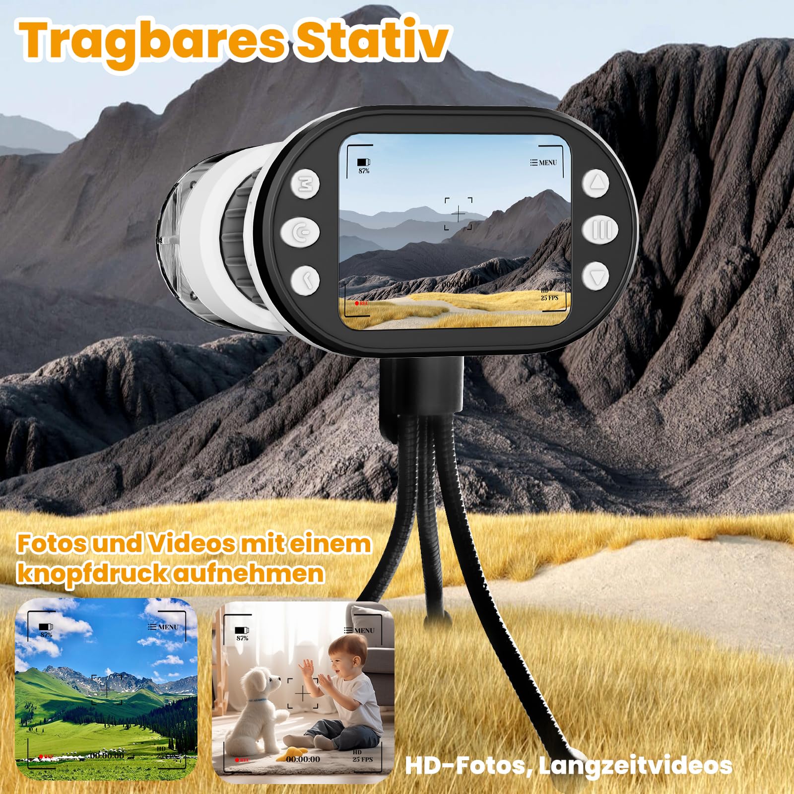 FIVAVA Microscope numérique portable 1000X pour enfants, avec écran IPS de 2,0", loupe pour enfants, rechargeable par USB, kit de diapositives, carte mémoire 32G et support, jouet de jardin pour