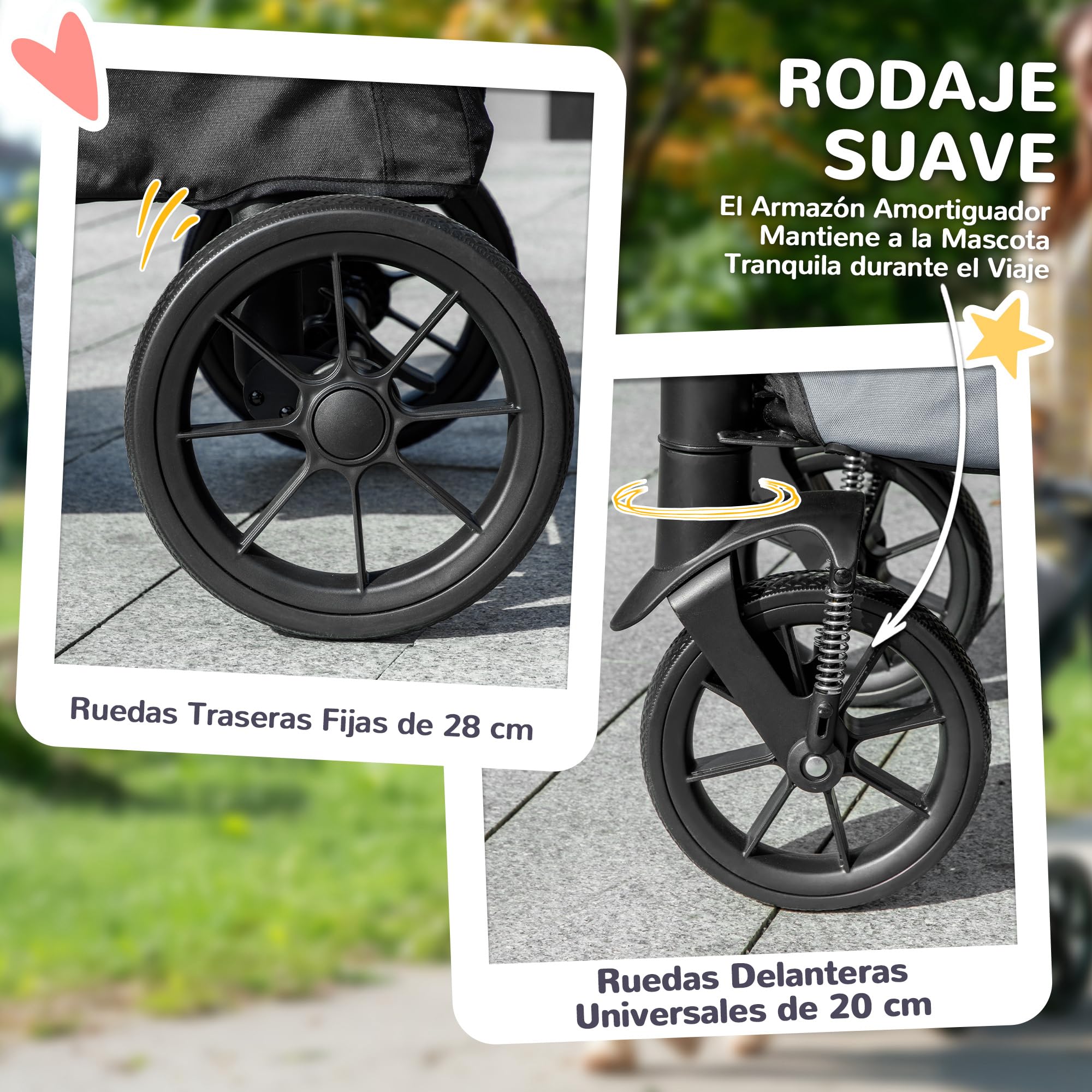 PawHut Carrito para Perros Plegable, Cochecito para Perros Grandes hasta 25 kg con Ruedas Grandes, Correas de Seguridad, Amortiguador, Cojín Lavable, Marco de Acero, Freno, 124x67x100 cm, Gris