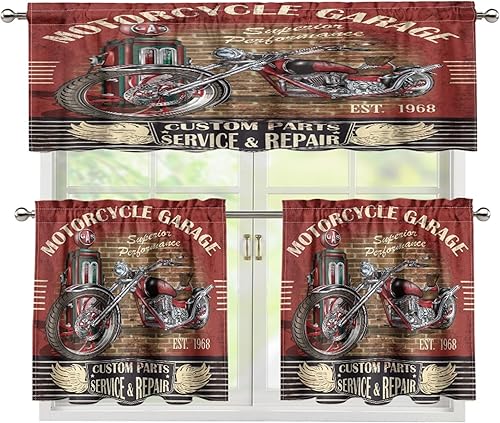 Miniatura 17 de Route 66 Cortinas rústicas de cenefa, retro antiguo coche antiguo clásico de automóvil, motocicleta, decoración de ventanas, cortinas con bolsillo