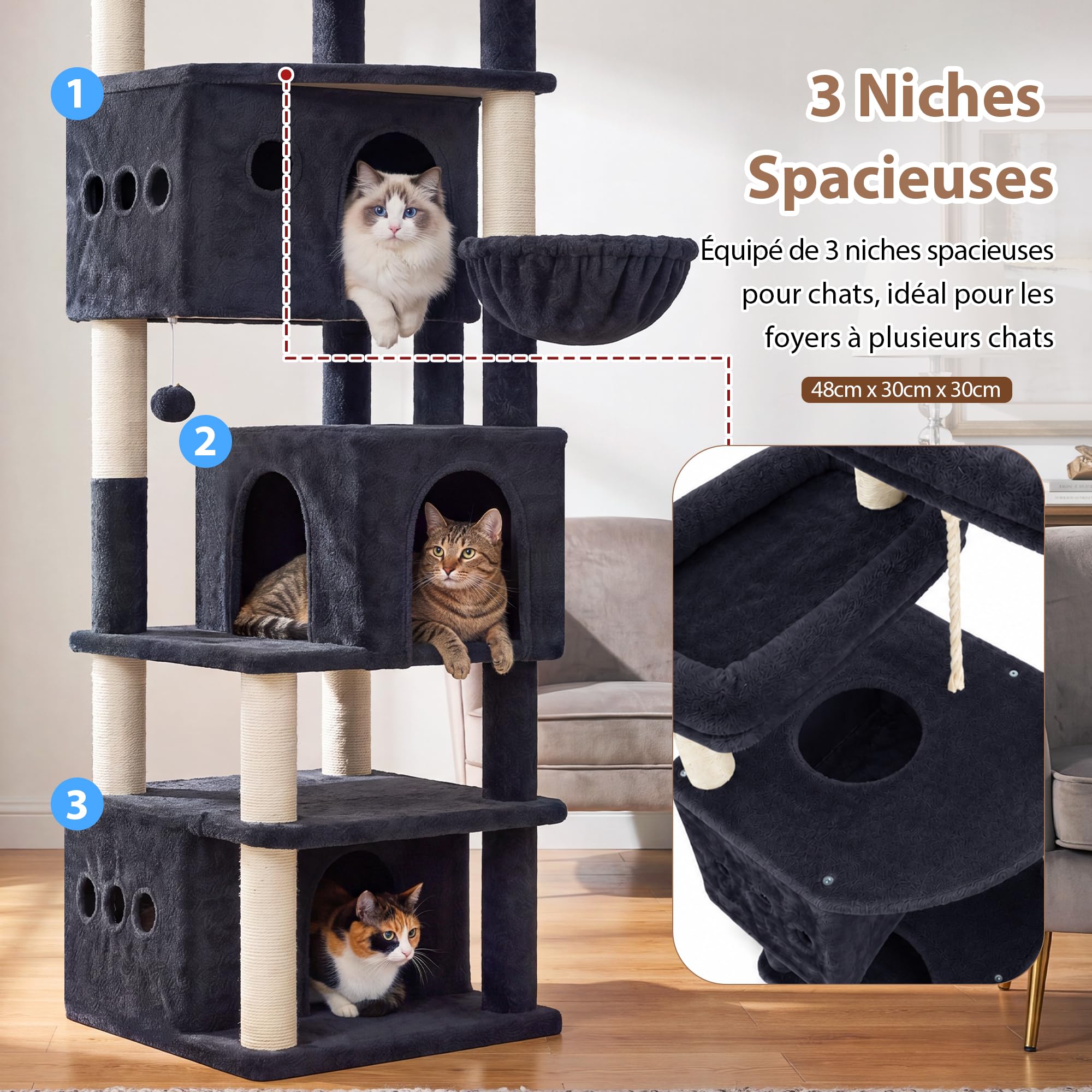Gitelsnour Arbre à Chat XXL Hauteur 182 cm, Tour à Chat Stable pour Grands Chats avec 3 Niches Spacieuses, 2 Plateformes Supérieures, Panier Confortable, Poteaux Sisal et Jouets, Gris Foncé GCT800G