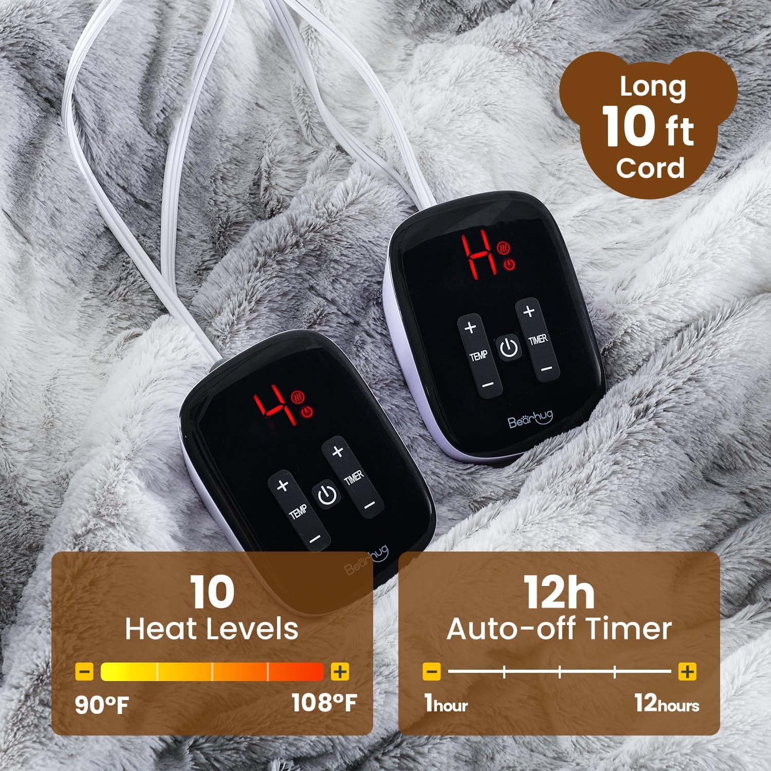 Bearhug Electric Blanket King Size 100" x 90" Dual Controllers Heated Blanket, 10 Heat Settings, 1-12 Hour Auto Shut-Off, Faux Fur & Sherpa Dual-Sided, Machine Washable, Gift-Ready Elegant Packaging - Image 4