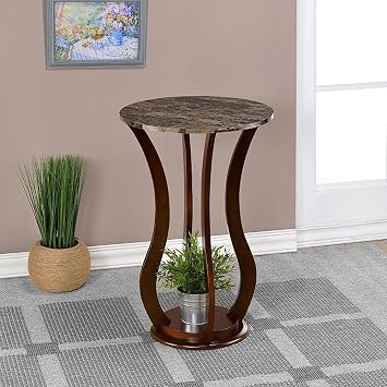 Round End Table, Small Wood Side Table with Faux Marble Top, Vintage Accent Table with Round Base and Curved Legs for Foyer Office Small Spaces, Brown