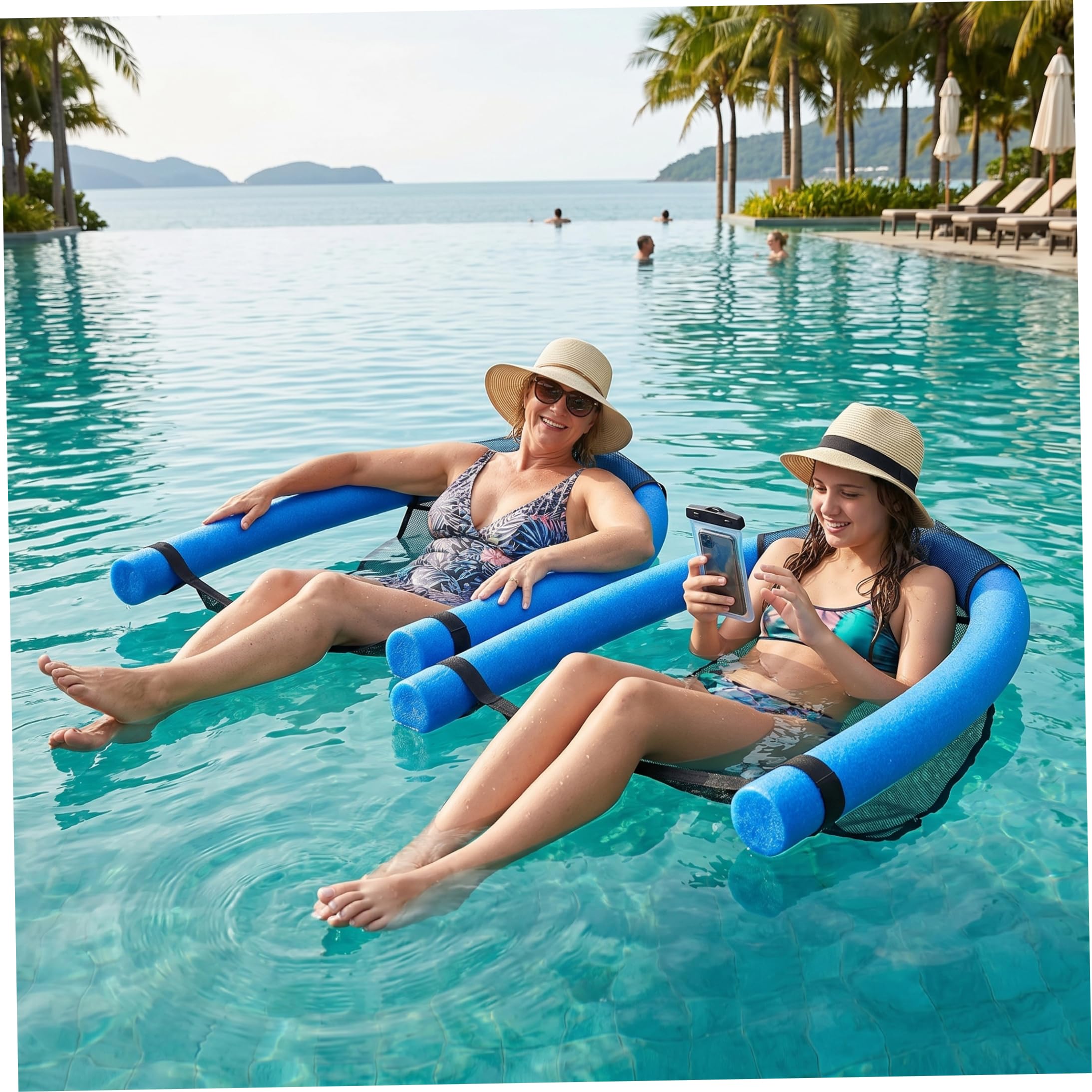 Silla de fideos para piscina, flotadores de piscina no inflables, silla flotante de malla, estructura de esponja de alta flotabilidad, hamaca de agua para adultos y niños, color azul