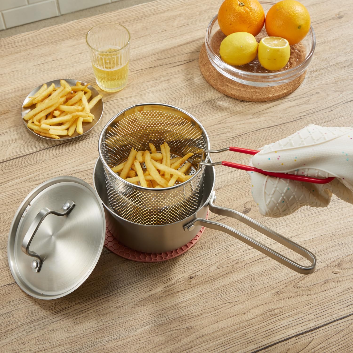 Pentola a 3 strati in acciaio inox con una sola mano, casseruola, cestello per friggere, piccola padella per olio in ghisa, compatibile elettromagnetica, riscaldamento rapido e uniforme di