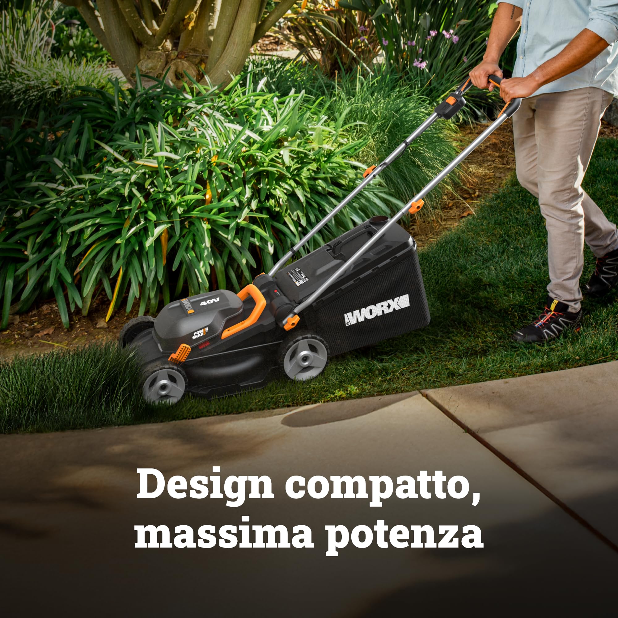 WORX WG735E Rasaerba a batteria 40 V, taglio 34 cm, motore brushless, altezza regolabile su 6 livelli da 20 a 75 mm, sacco 35 L, Cut-to-Edge, 2 batterie da 4 Ah e caricabatterie doppio inclusi