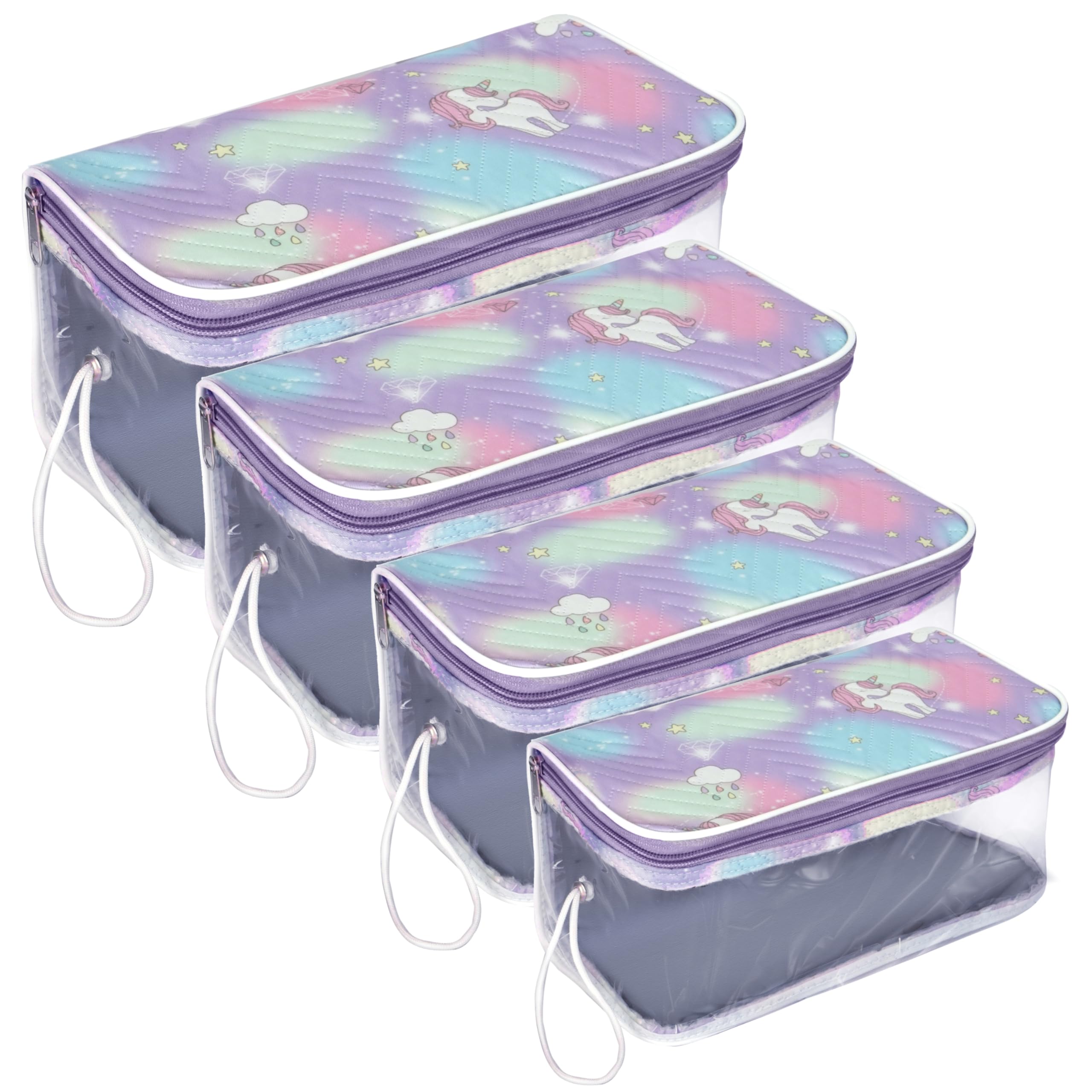 Storite Levendar - Bolsa transparente para cosméticos con estampado de unicornio, organizador de maquillaje, accesorios de joyería, bolsa de aseo con cremallera y asa para mujeres, accesorios de viaje