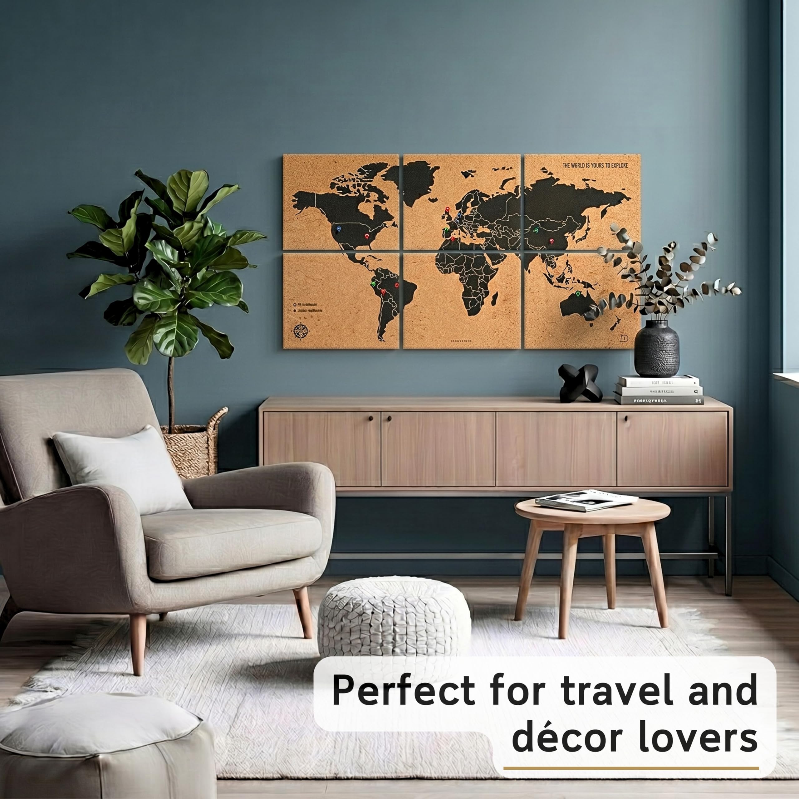Mapa świata korek ścienny XXL 120 x 60 cm - 6 paneli samoprzylepnych - mapa do znakowania podróży pinezkami - 60 pinezek w zestawie - dekoracja domu
