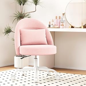 Misolant Vanity Chair with Back, Armless Cute Office Chair with Wheels for Girls, Teddy Fleece Fabric Small Desk Chairs with Adjustable Height, Lumbar Support Pillow, 360°Swivel for Makeup Room, Pink