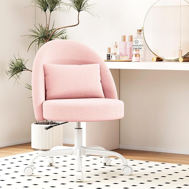 Misolant Chaise Vanity avec dossier, chaise de bureau sans bras avec roues pour les filles, Chaises de petit bureau en tissu en peluche avec hauteur réglable, Oreiller support lombaire, 360°Swivel pour salle de maquillage, Rose