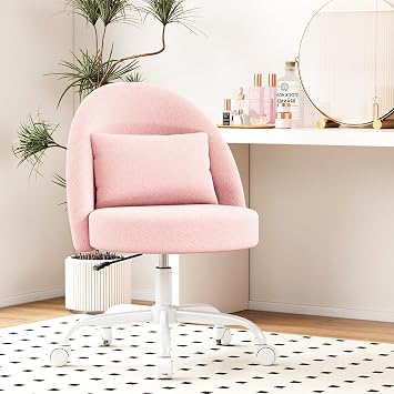 Misolant Vanity Chair with Back, Armless Cute Office Chair with Wheels for Girls, Teddy Fleece Fabric Small Desk Chairs with Adjustable Height, Lumbar Support Pillow, 360Swivel for Makeup Room, Pink