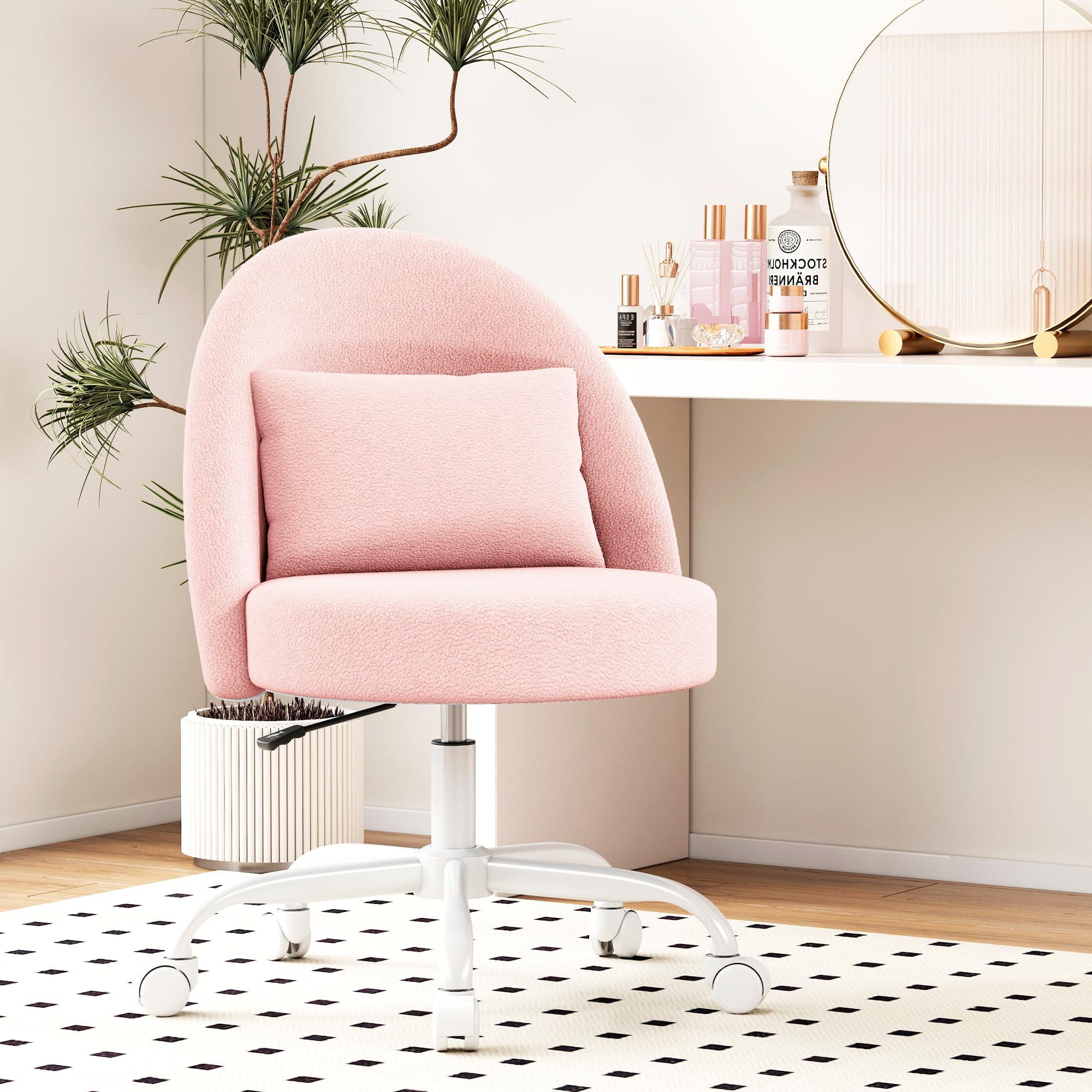Misolant Vanity Chair with Back, Armless Cute Office Chair with Wheels for Girls, Teddy Fleece Fabric Small Desk Chairs with Adjustable Height, Lumbar Support Pillow, 360°Swivel for Makeup Room, Pink