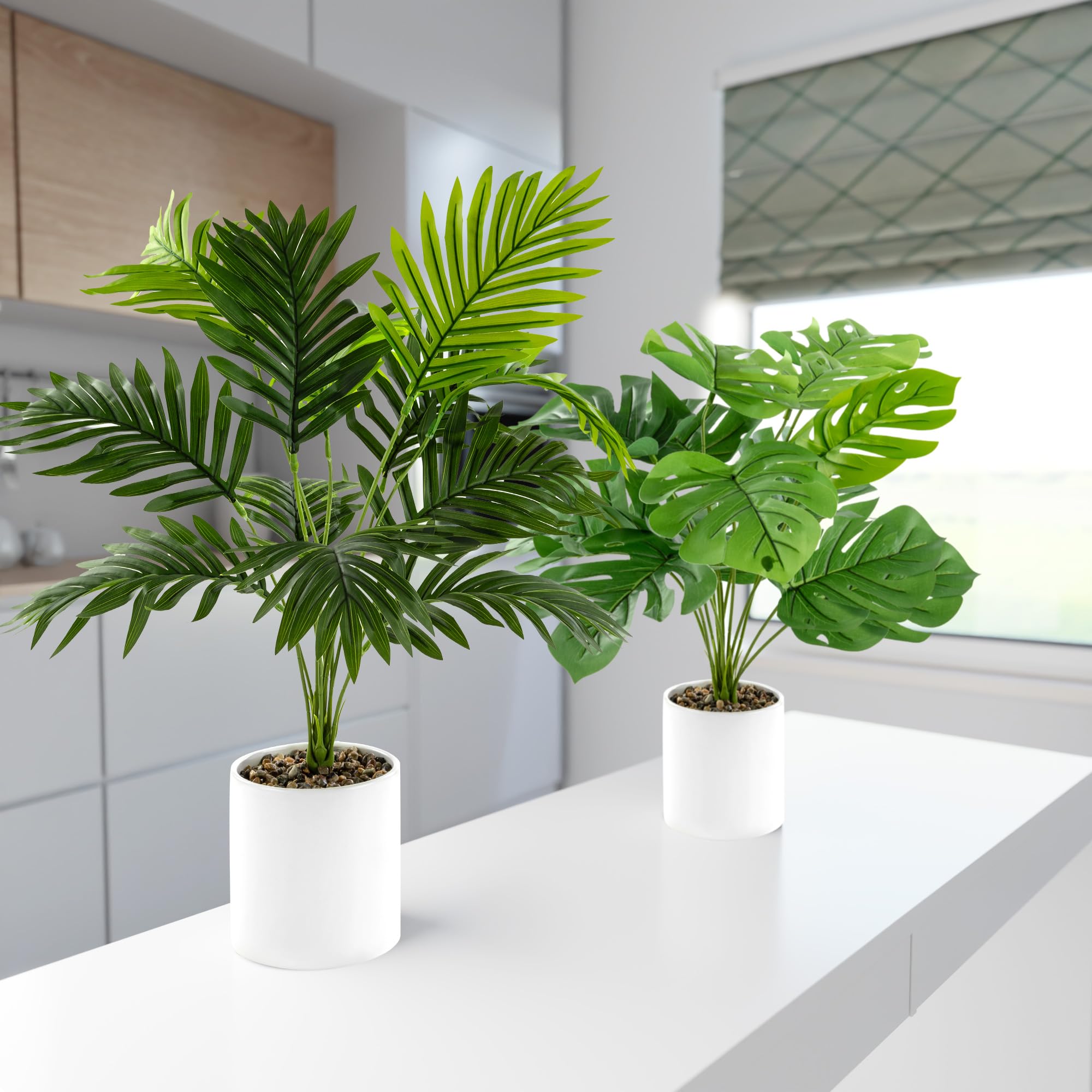 PASCH® 2er Set Monstera künstlich und Areca Kunstpalme (60cm) in weißen Keramiktöpfen: Kunstpflanzen groß | Kunstpflanzen wie echt | Fake Plant | Künstliche Pflanzen im Topf