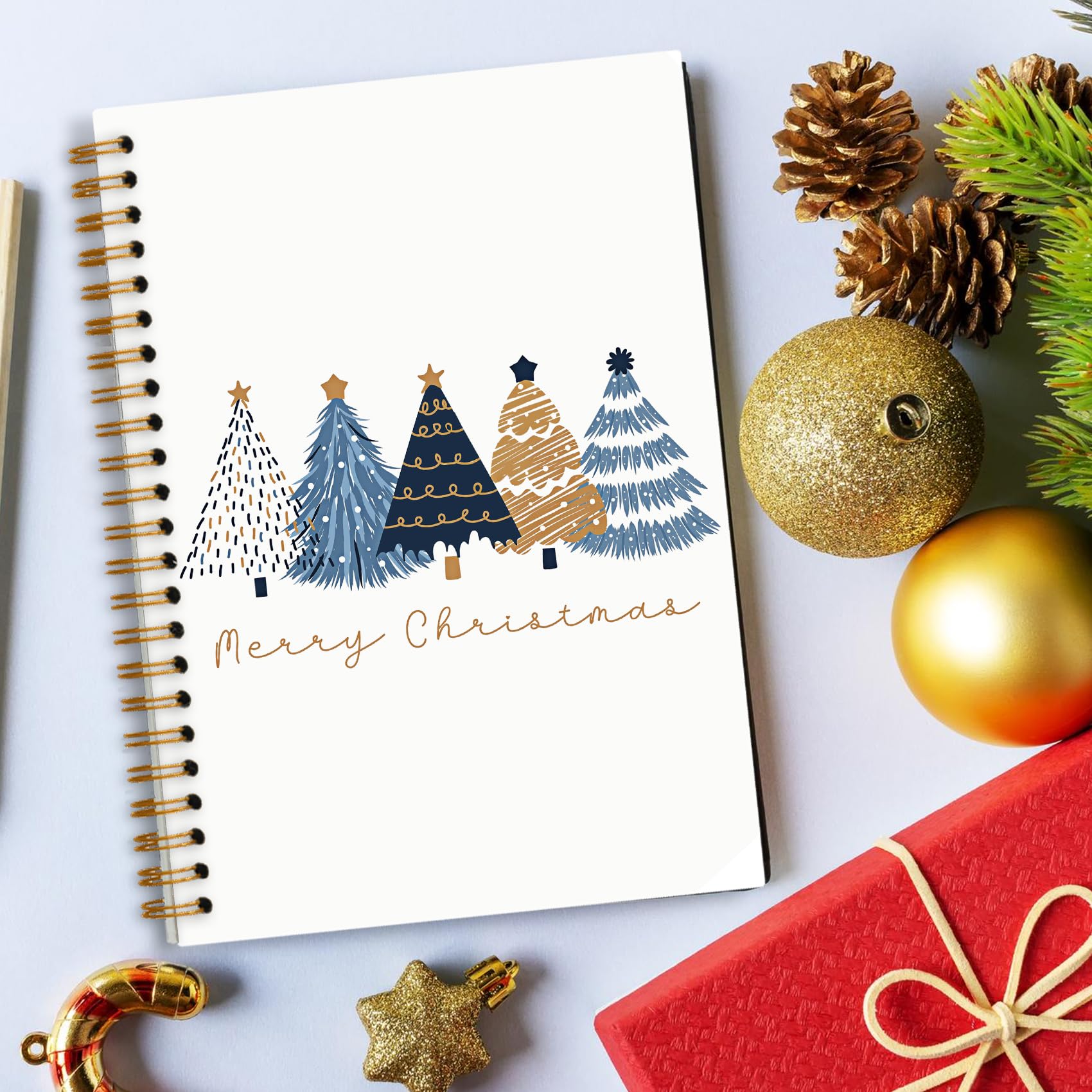Quaderno con albero di Natale blu e oro, diario minimalista con albero di Natale per donna, quaderno a spirale per vacanze invernali, 14 x 21 cm