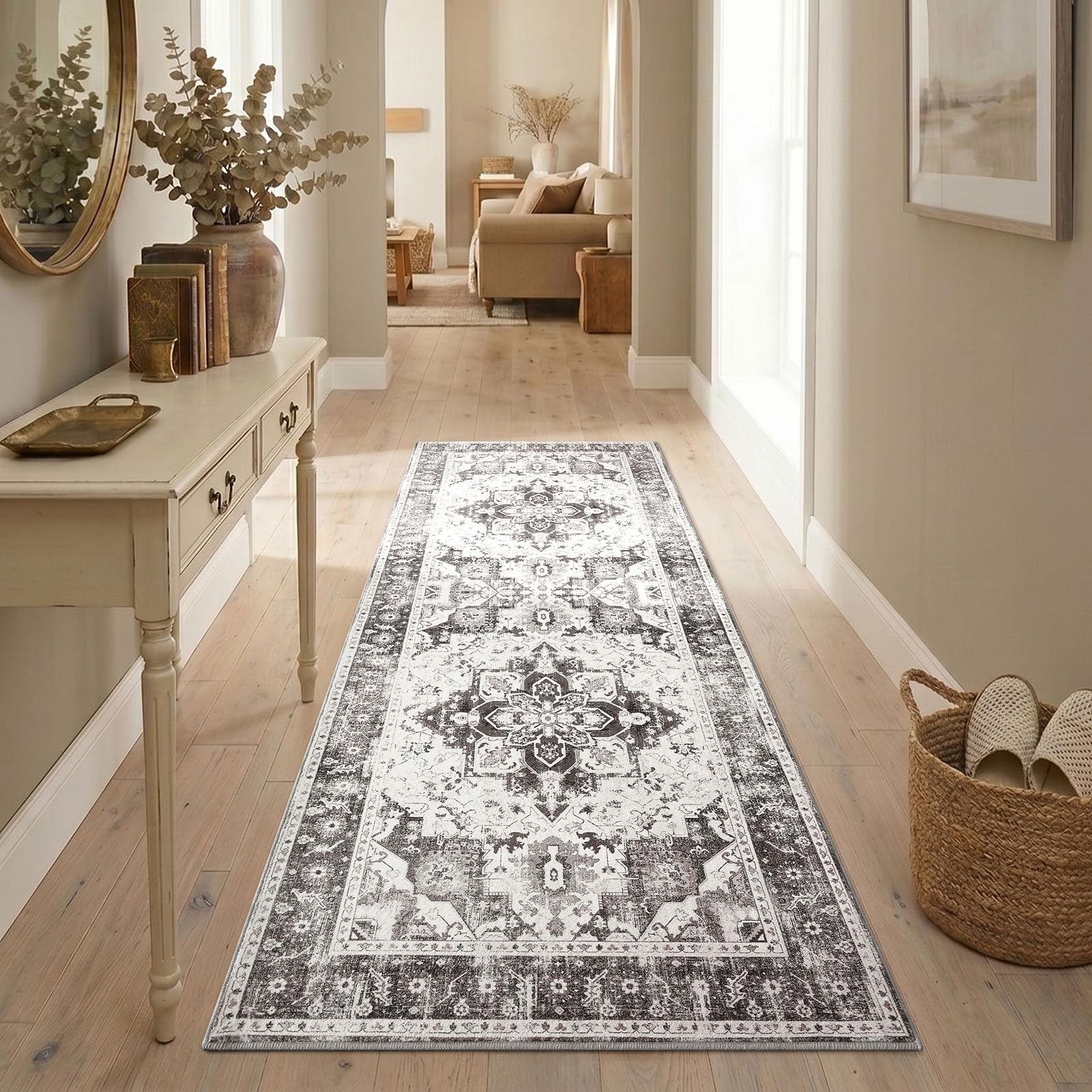 Homaxy Vintage Runner Rugs for Hallway Washable Anti Slip Rug Low Pile Boho Lounge Carpet for Bedroom, Nursery, Kitchen - 60 x 180 cm, Distressed Brown — image 1