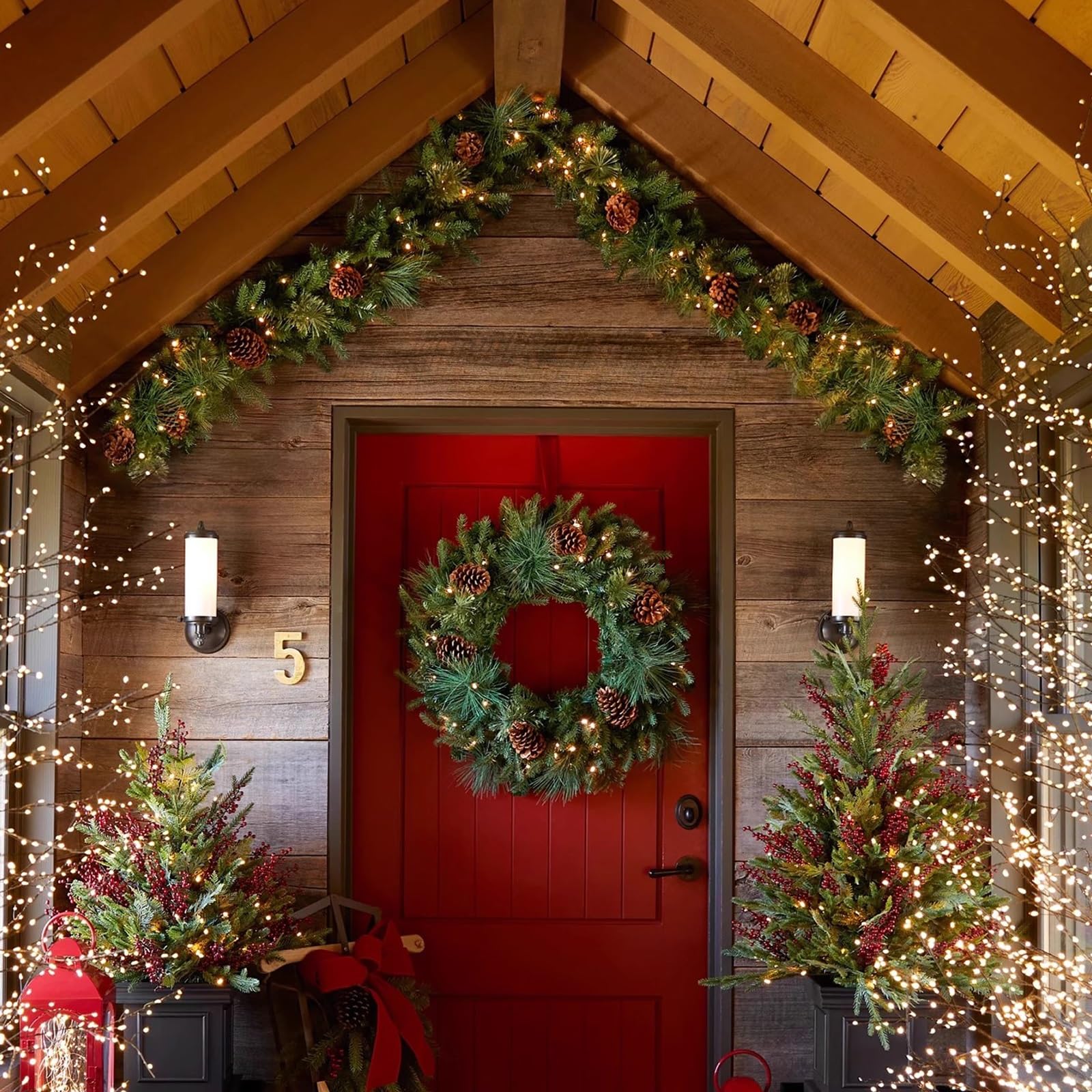 Juego de 2 Adornos Navidad, Christmas Garland con piñas y luz, Guirnalda Navidad, para Porche, Puerta de Entrada, Interior y Exterior.(80cm/31in)