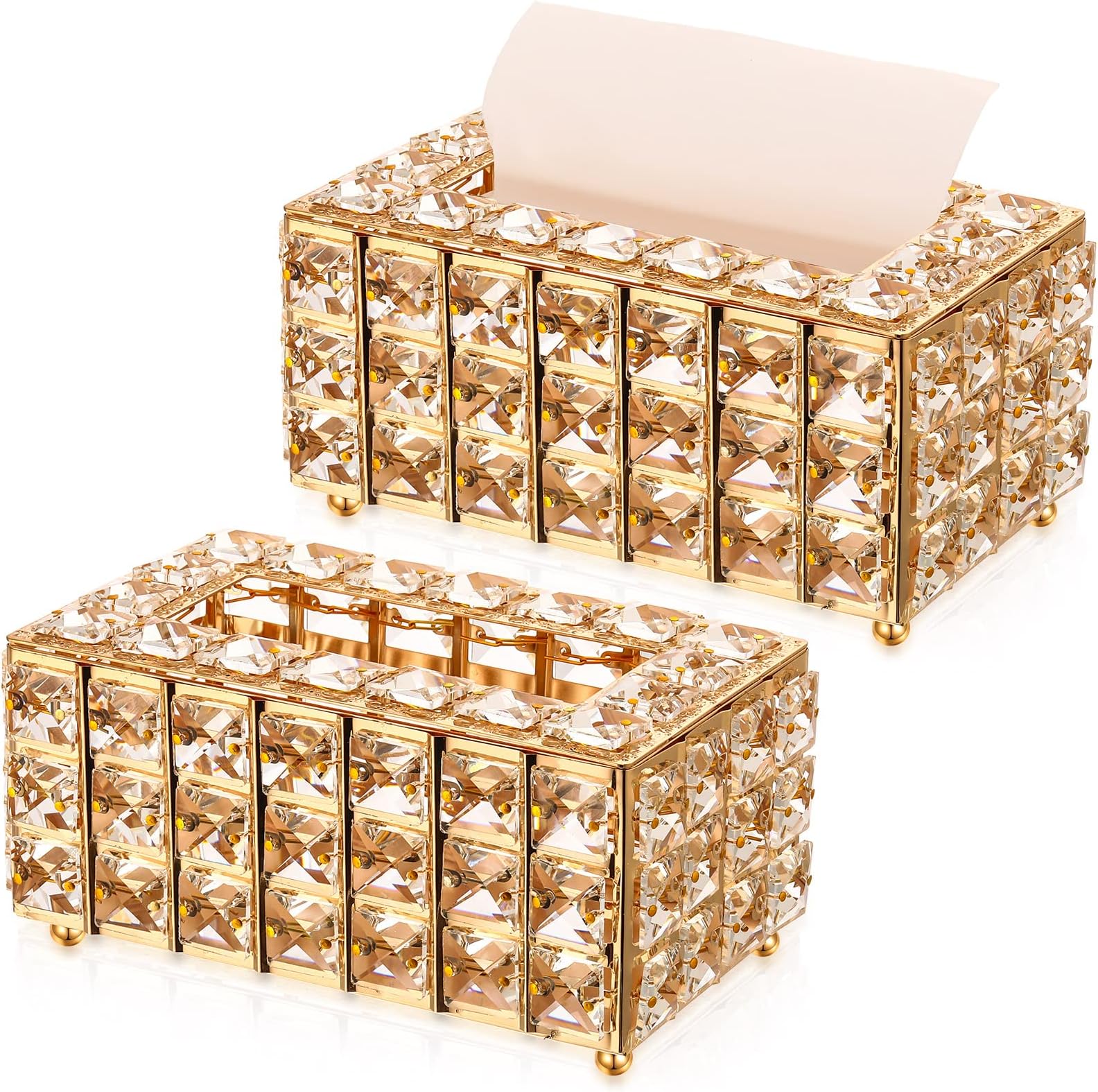 Nuenen 2 Pcs Rectangular Crystal Tissue Box Cover Decorative Crystal Bathroom Paper Box Sparkling Crystal Napkin Holder Facial Tissue Holder Tissue Box Holder for Bathroom Kitchen Dining Room (Gold)