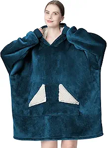 Touchat Wearable Blanket Hoodie, Oversized Sherpa Blanket Sweatshirt with Hood Pocket and Sleeves, Gifts Hooded Blanket for Adult Women Men (Dusty Blue)