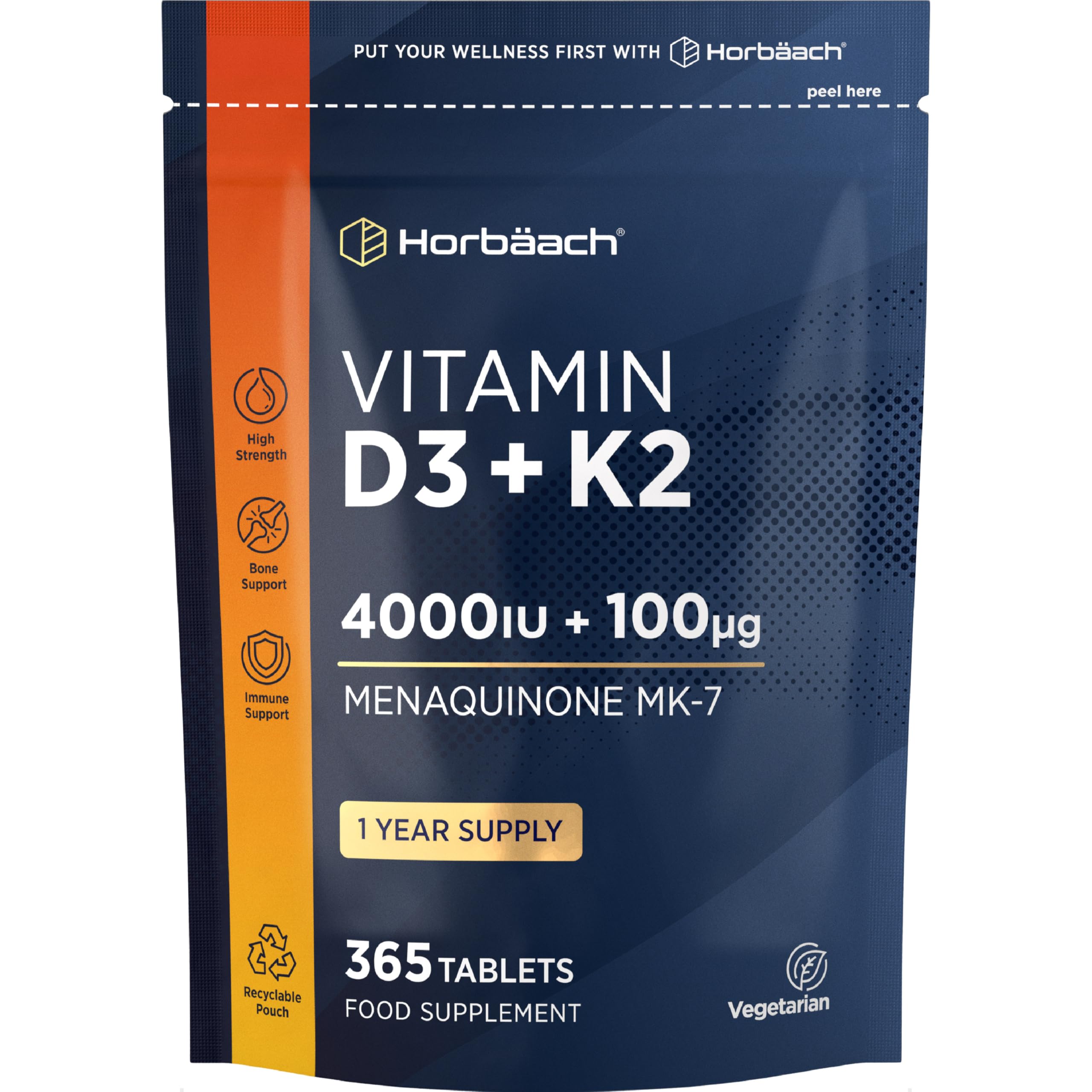 Horbäach Vitamin D3 K2 High Strength Tablets | 365 Count | Vitamin D3 4000iu and Vitamin K2 MK7 100ug | Vegetarian | No Artificial Preservatives | by