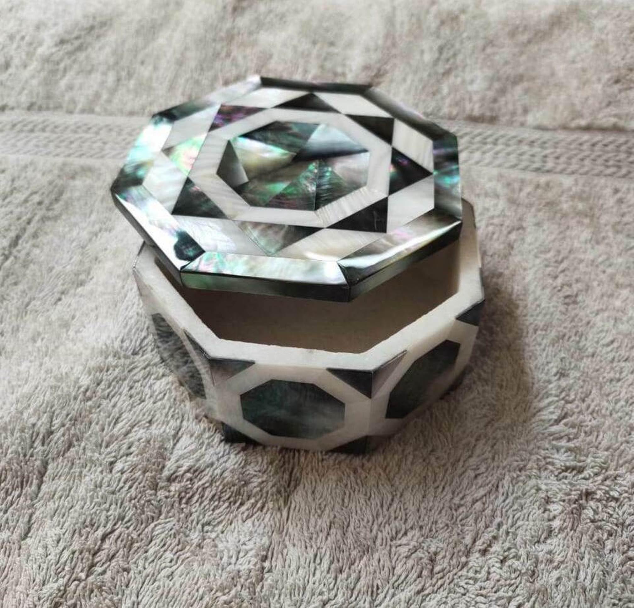 Boîte à bijoux marbre blanc unique, grand coffret octogonal de rangement
