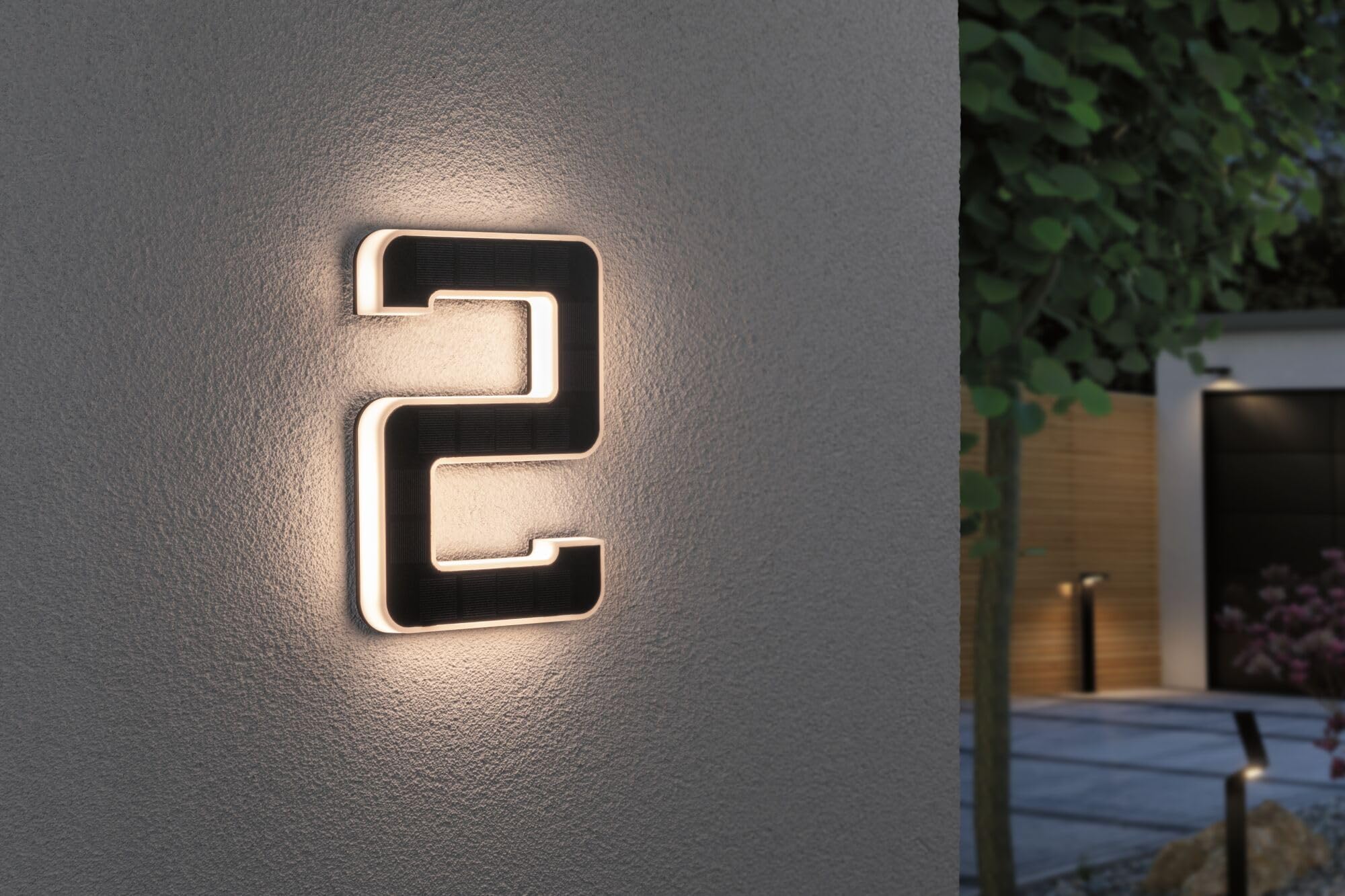 Paulmann 79843 Número de casa 2 LED Solar IP44, blanco cálido, batería intercambiable incl. 1x0,2 W, luminaria solar, negro, lámpara solar, plástico, luz solar 3000 K