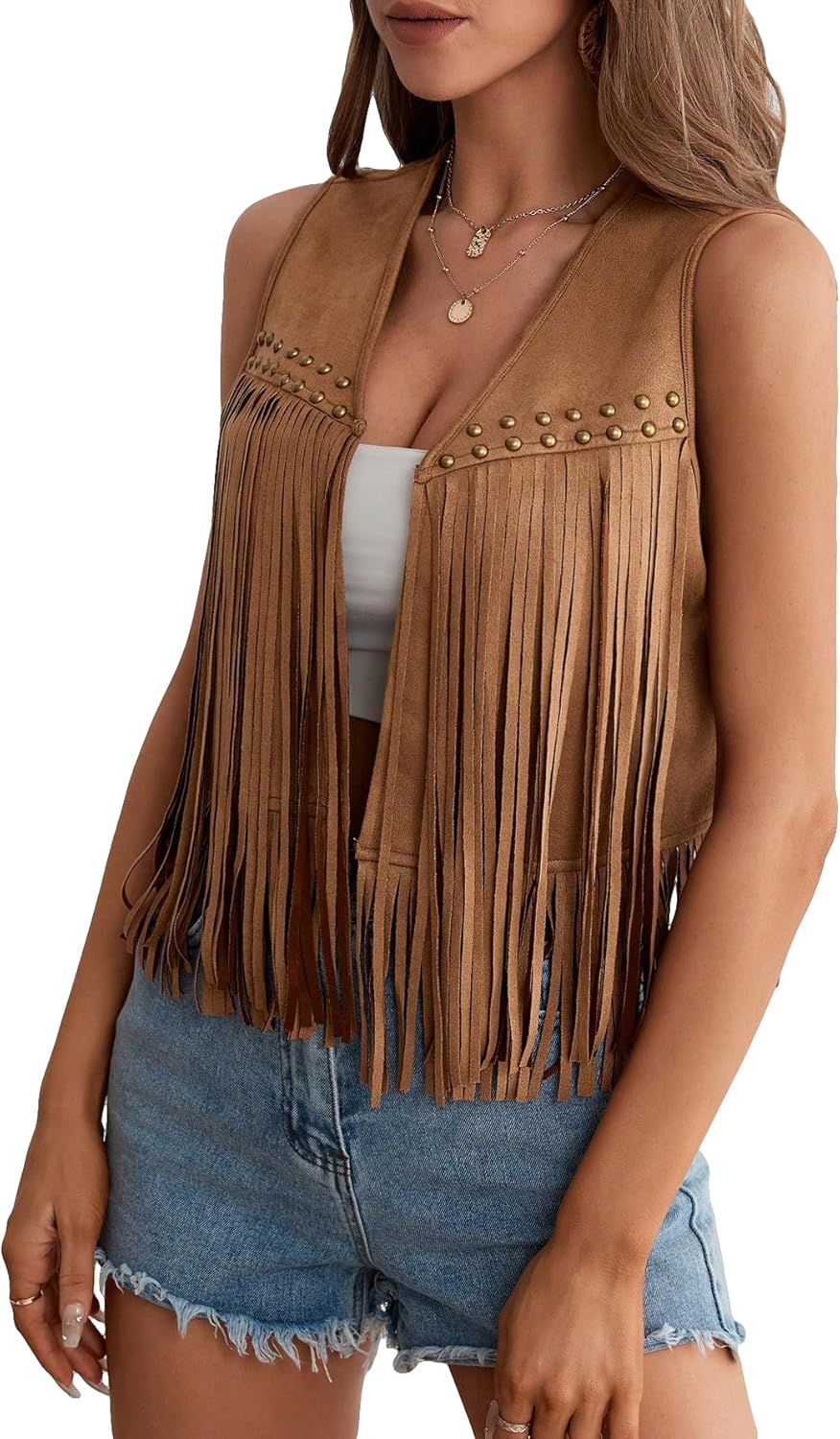 GORGLITTER Women's Tassel Fringe Sleeveless Vest Suede 70s Hippie Cowgirl Country Concert Western Jacket Outfits - Image 3