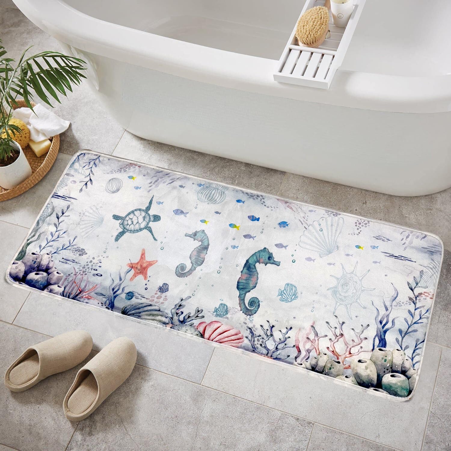 BBSET Beach Turtle Bathroom Runner Rug 16"x47" Sea Starfish Shell Ocean Blue Non Slip Long Bath Mat for Bathroom Decor Soft Plush Fluffy Washable Bath