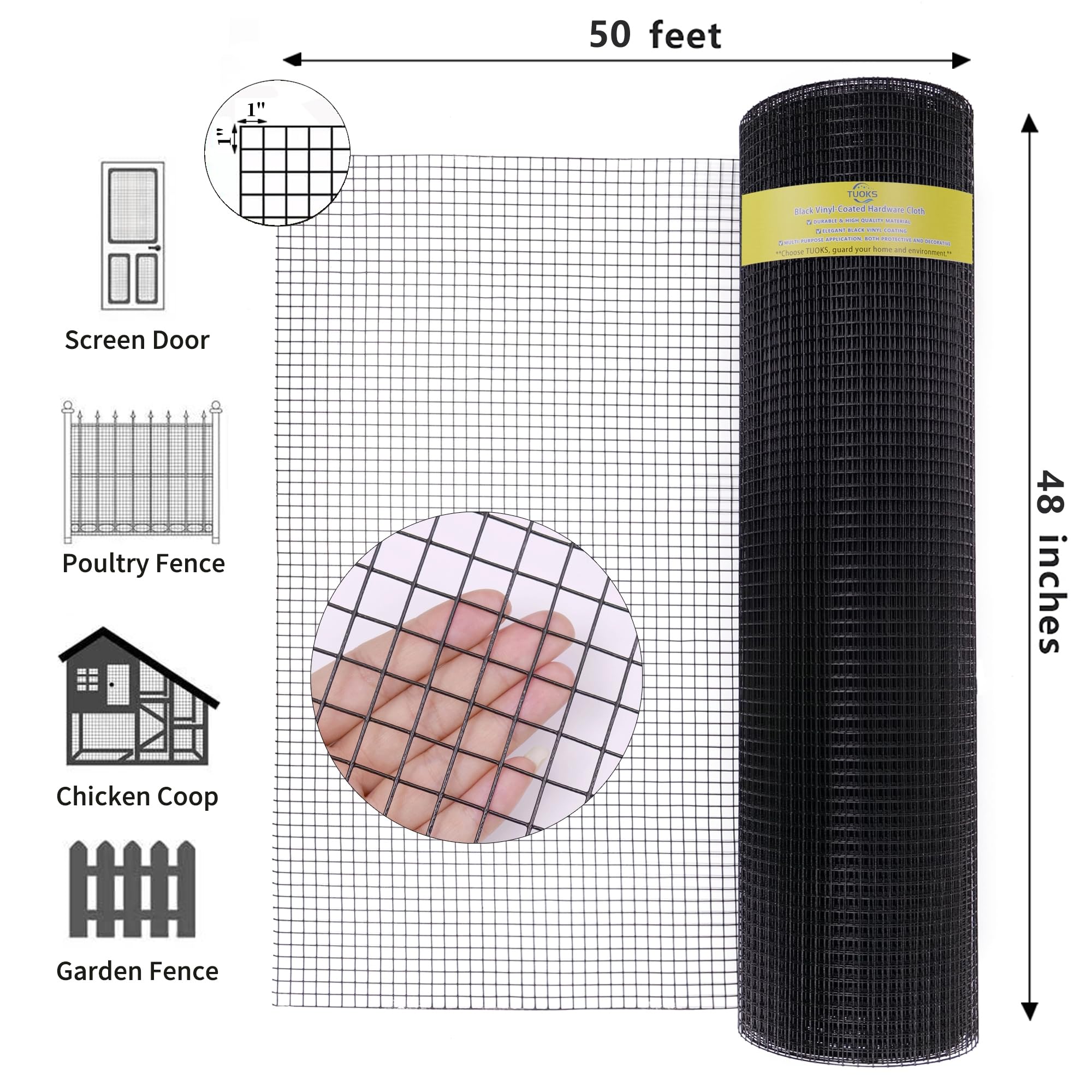 48in x 50ft 1 inch Hardware Cloth 16 Gauge Black Vinyl Coated Welded ...