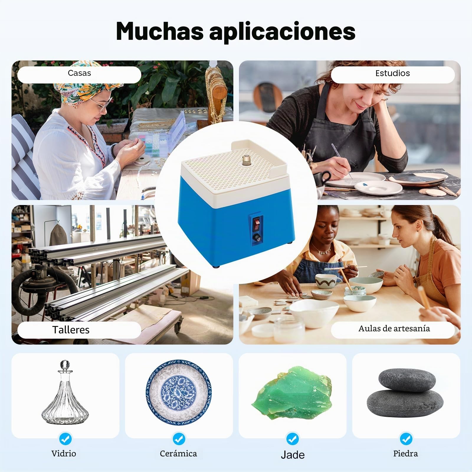 Amoladora eléctrica de vidrio de 65 W, 4200 rpm, con refrigeración por agua e interruptor de seguridad, dispositivo de mesa para lijar vidrio/cerámica/jade/piedra, enchufe UE 220 V, azul