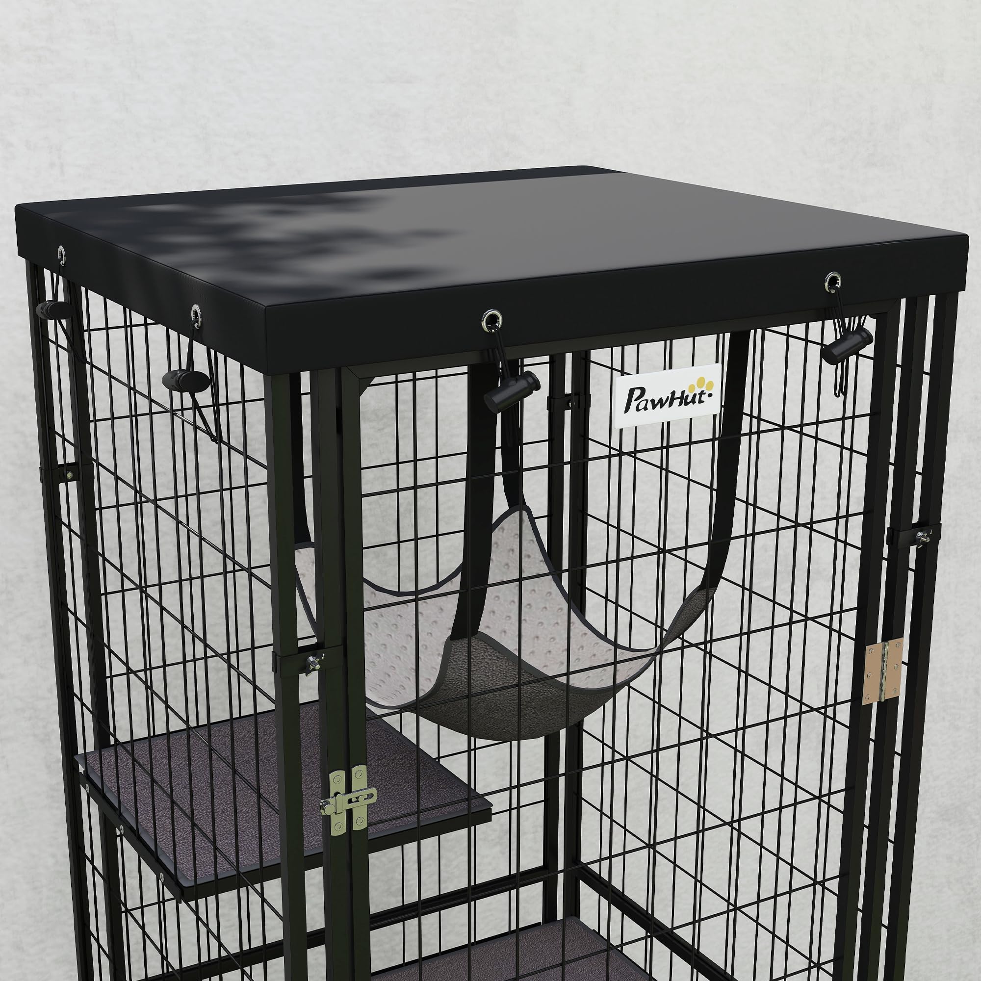 PawHut Jaula para Gatos para Exterior e Interior Recinto para Gatos con Cubierta Impermeable 3 Plataformas Hamaca Cojines y Puerta 61,5x55x157 cm Negro