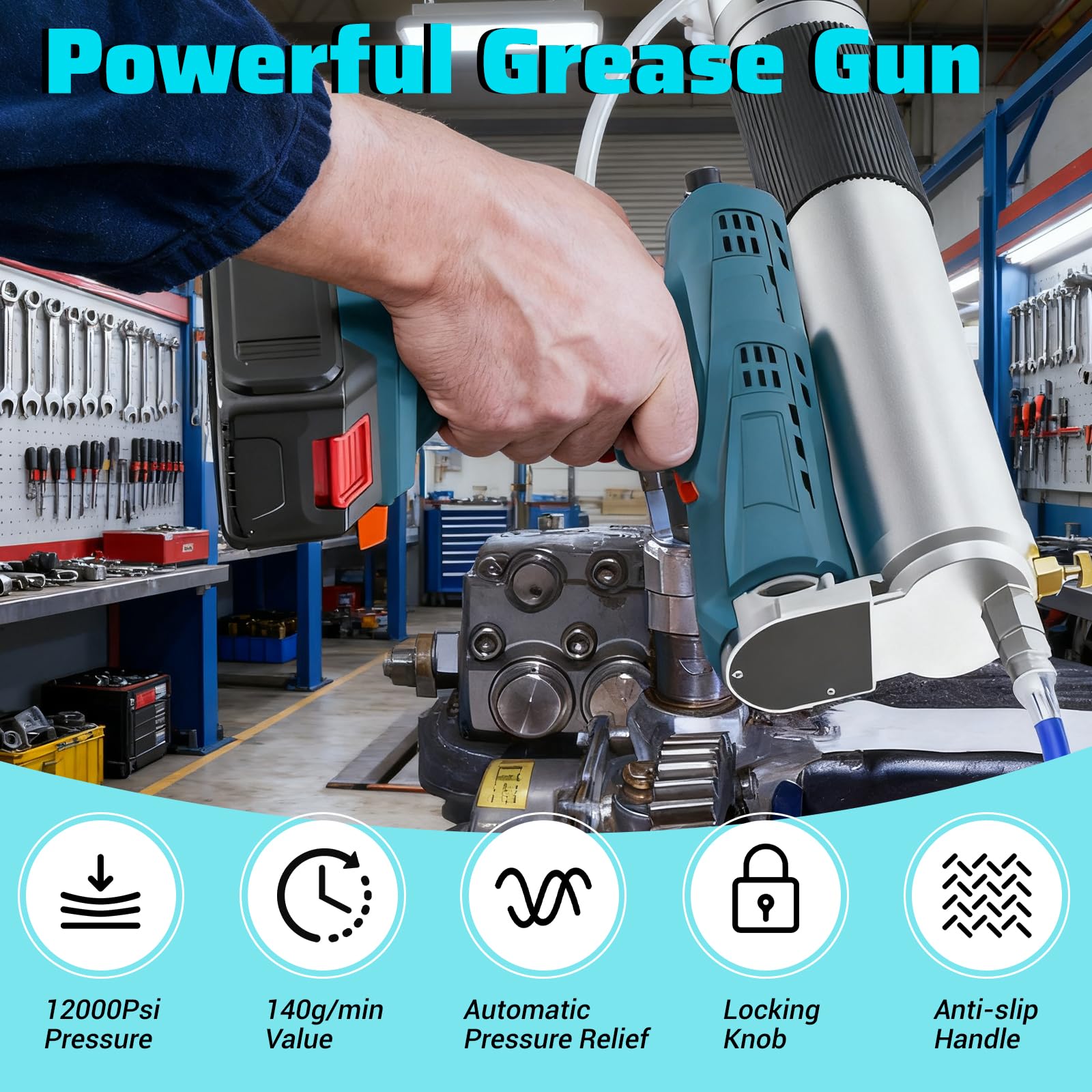 Pistola Engrasadora inalámbrica para Makita Batería, 12000PSI Pistola engrasadora eléctrica 140g/min engrasadora bateria 600 ml Cartuchos de Grasa para engrasar vehículos y máquinas | Con acoplamiento de liberación rápida, motor sin escobillas, prensa de