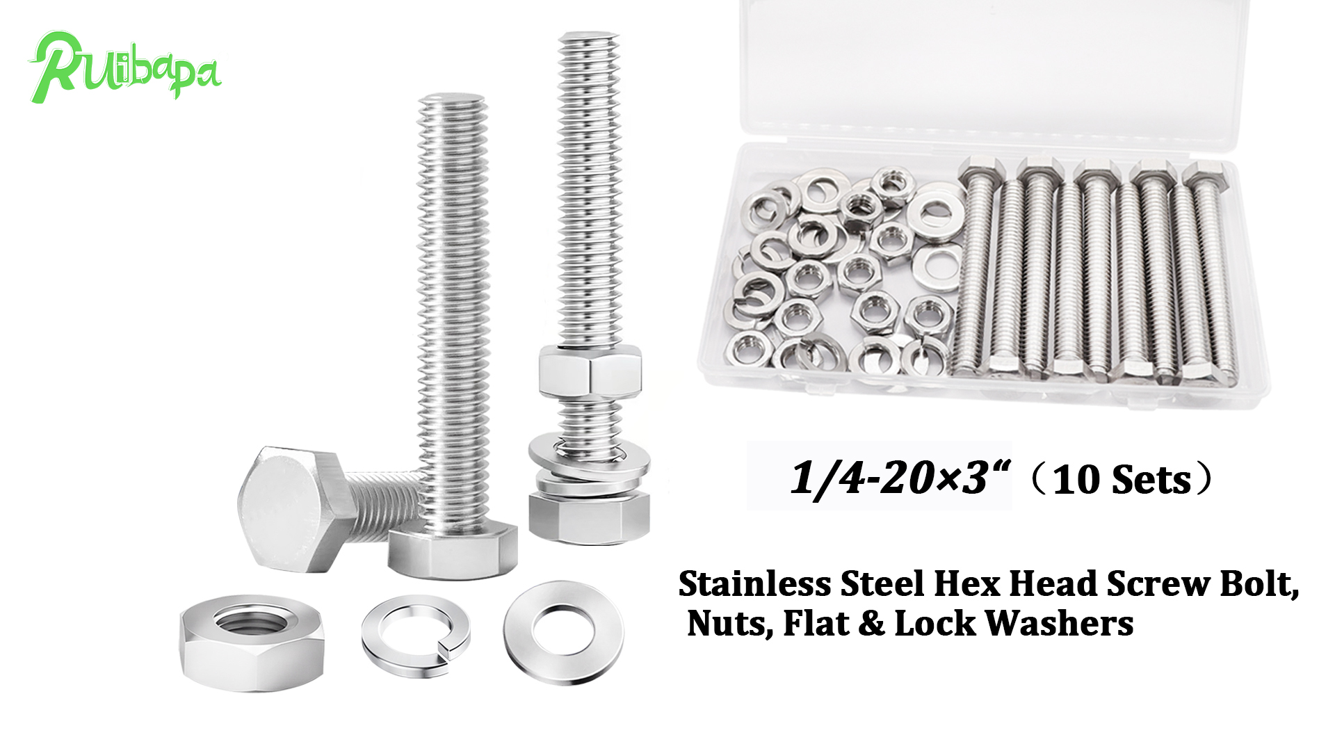 Image of 10 Sets1 /4-20 x 3 inch Stainless Steel Hex Head Screws Bolts, Nuts, Flat & Lock Washers,18-8(304) Full Thread