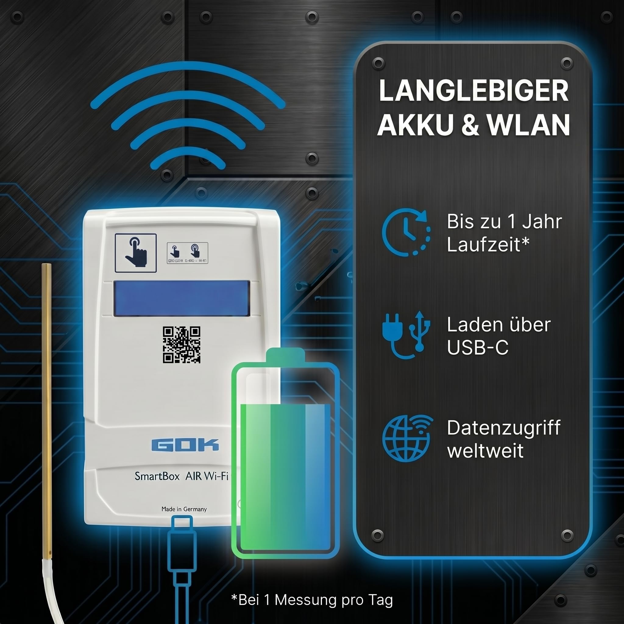 GOK SmartBox AIR Wi-Fi, Füllstandsanzeige für Heizöltank mit App, akkubetriebener Inhaltsfernanzeiger für drucklose Tanks, WLAN-Übertragung, pneumatische Messung, Anzeige der Freiraummenge, USB-C