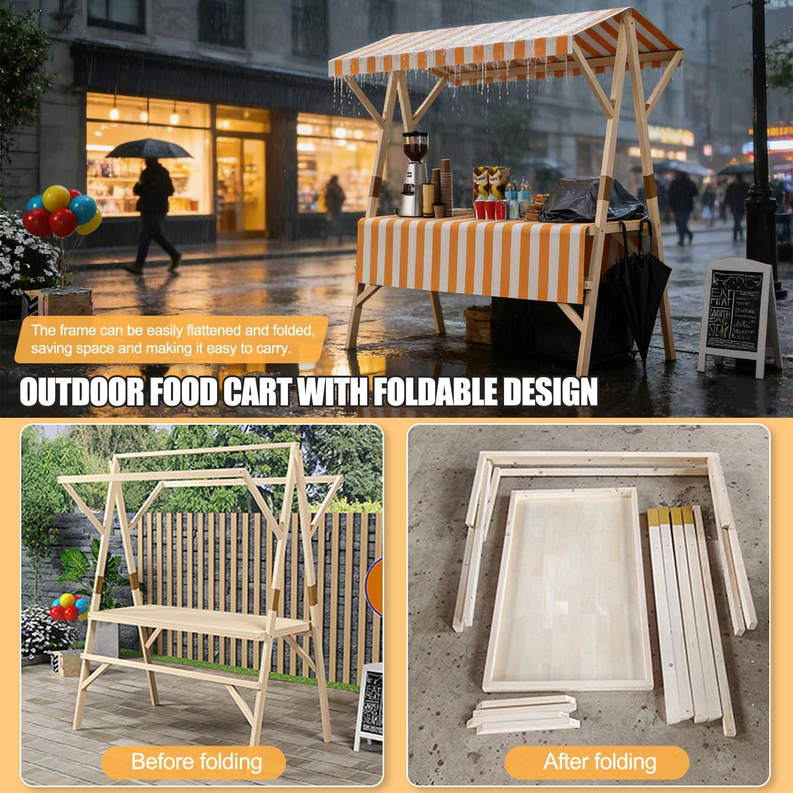 HARELA Marktstand Imbisswagen Marktstand-Display Aus Holz, Tragbarer Lebensmittelwagen für Straße/Bauern Markt, Multifunktionale Außenkonzessionsstand für Handwerksshows(White,150cm/59in)