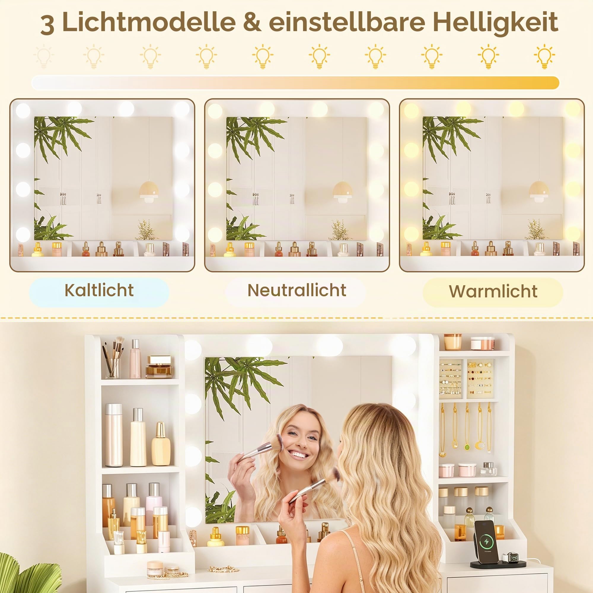 Große Schminktisch mit LED-Beleuchtung,Schmuckfach und Hocker