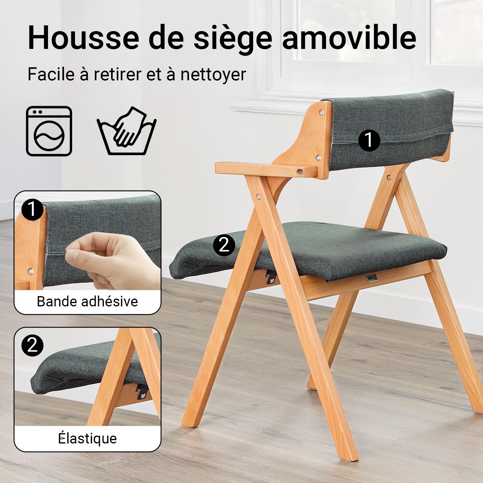 SoBuy Chaises de Salle à Manger Pliantes, Lot de 2, 61,5×56×77,6 cm | Chaises en bois massif avec coussin confortable, pliables, pour cuisine, salon, bureau et jardin, Gris foncé, FST98-SGX2